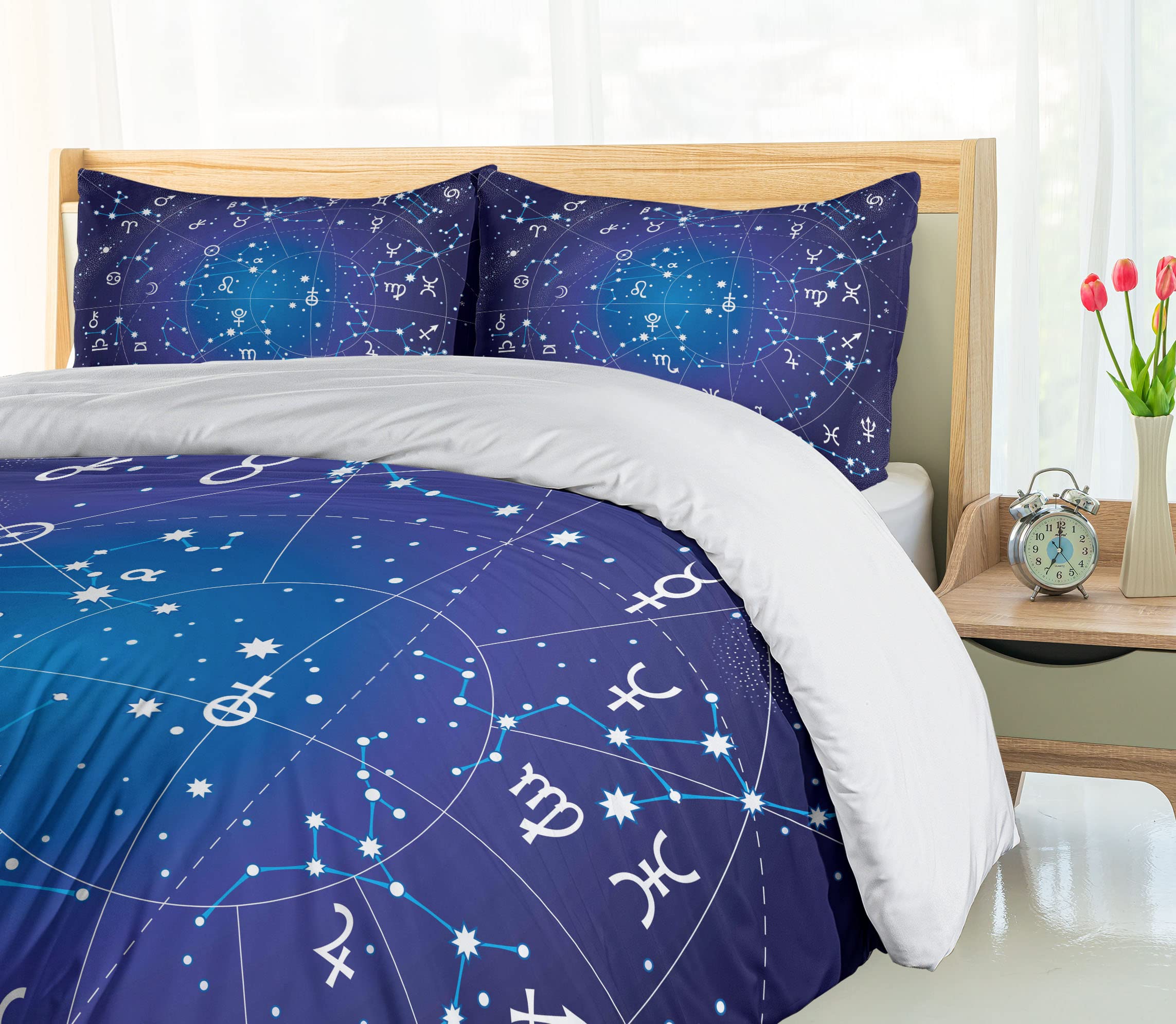 Ambesonne Astrology Duvet Cover Set - Zodiac Constellations & Planets Celestial Pattern, 3-Piece Bedding Set with 2 Pillow Shams, California King Size, Dark Blue - Perfect for Astronomy Lovers' Bedroom Decor & Gift Ideas