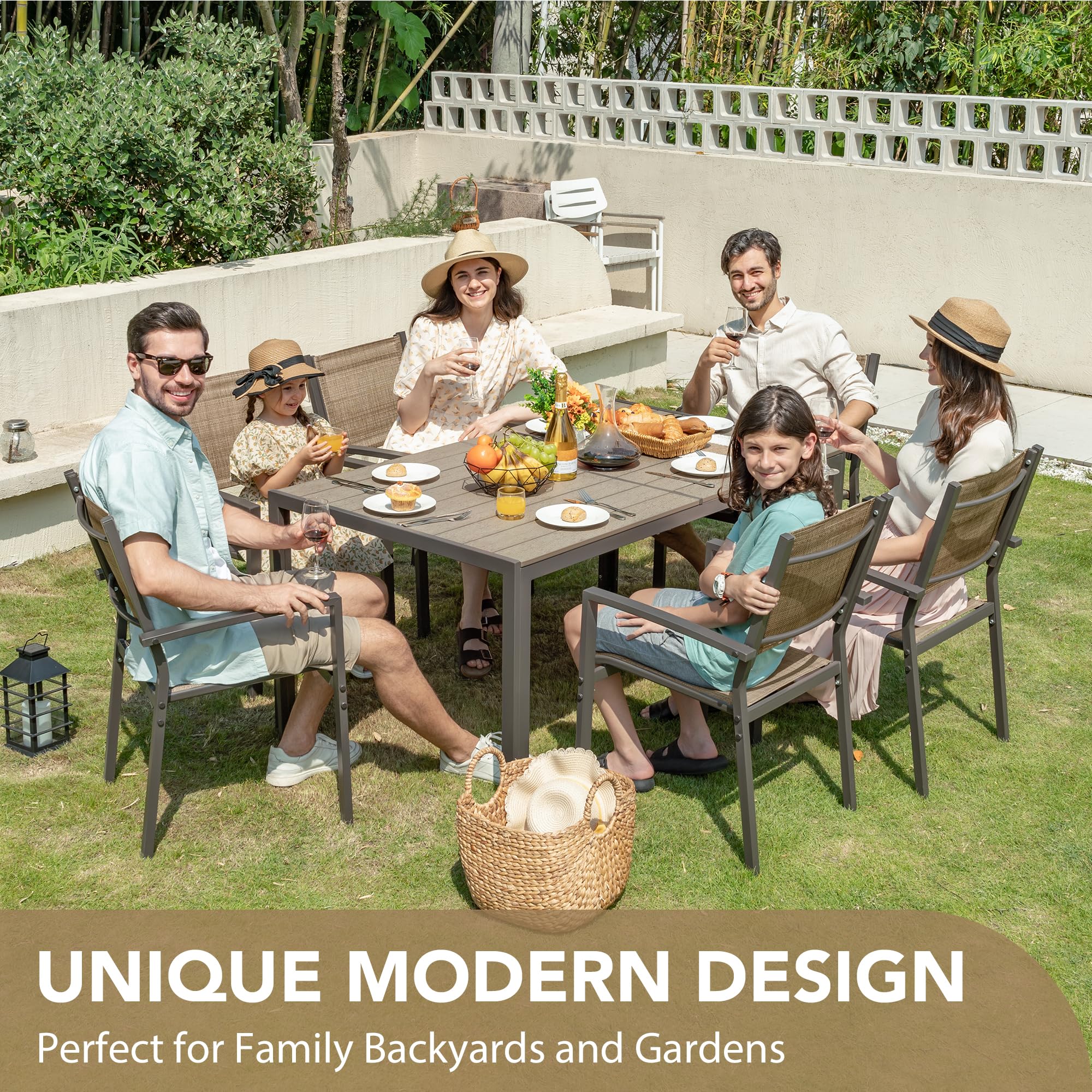 Devoko 7-Piece Patio Dining Set - Outdoor Furniture with Rectangular Table & 6 Stackable Chairs, Brown - Perfect for Garden, Backyard, Deck, and Poolside Gatherings