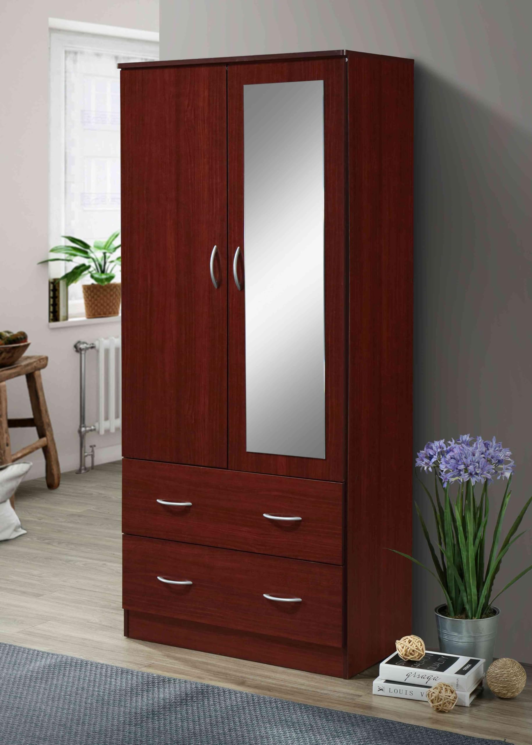 HODEDAH 2-Door Wood Wardrobe Closet with Mirror, Clothing Rod & 2 Storage Drawers - Mahogany Finish Bedroom Furniture for Organizing Clothes, Shoes & Accessories | Perfect for Master Bedroom, Guest Room & Dorm Organization