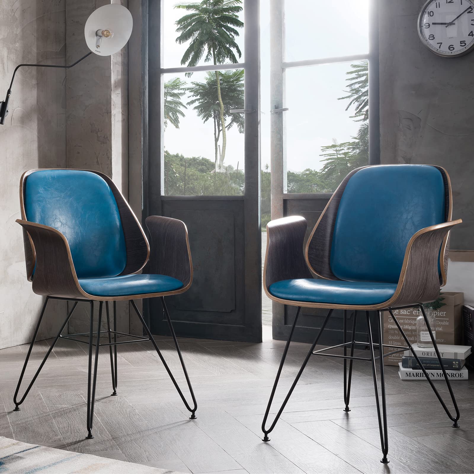 Modern Mid-Century Dining Chair Set of 2 - Walnut Wood Finish Armless Side Chairs for Kitchen, Dining Room, Living Room & Restaurant - Blue Velvet Upholstered Seating - Perfect for Home Decor, Small Spaces & Compact Dining Areas