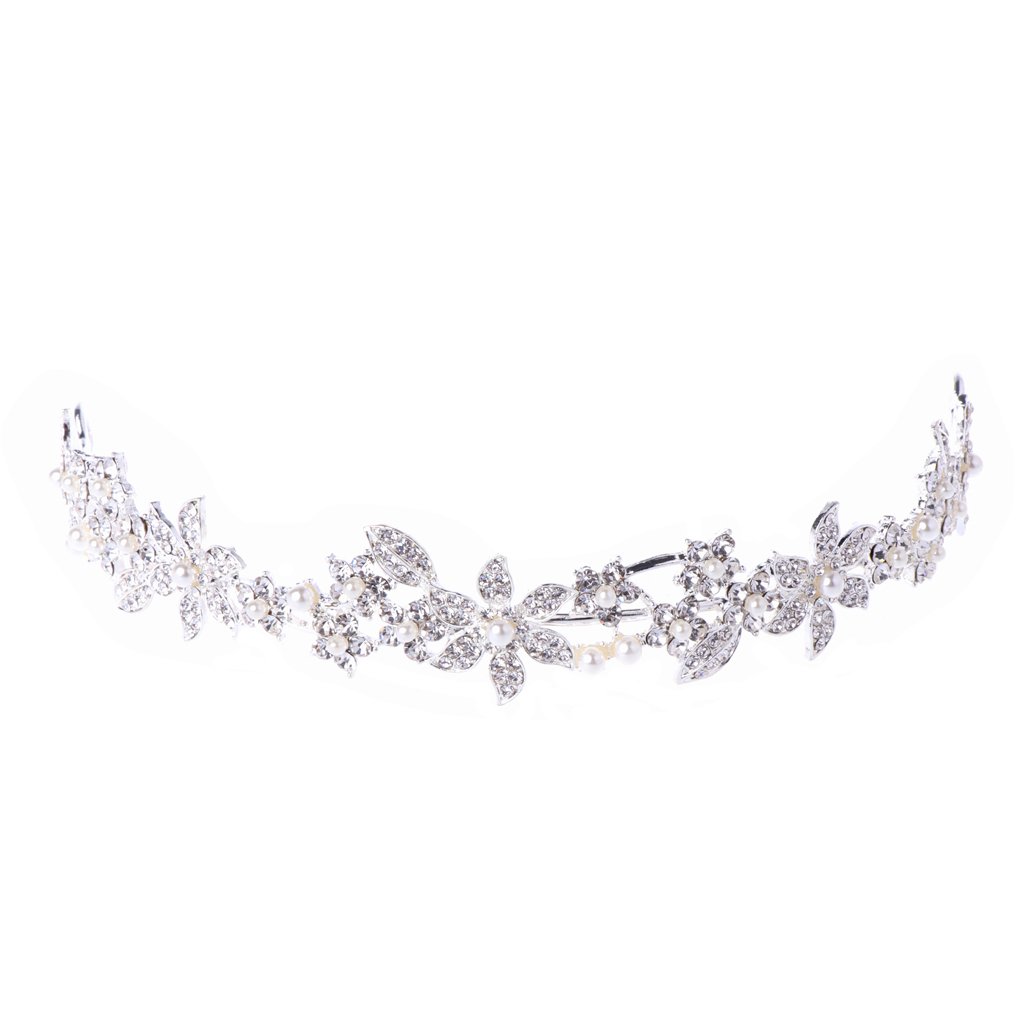 Thobu Bridal Wedding Flower Tiara Crown - Faux Pearl Rhinestone Hair Band Headpiece for Bride, Prom, Pageant & Special Occasions