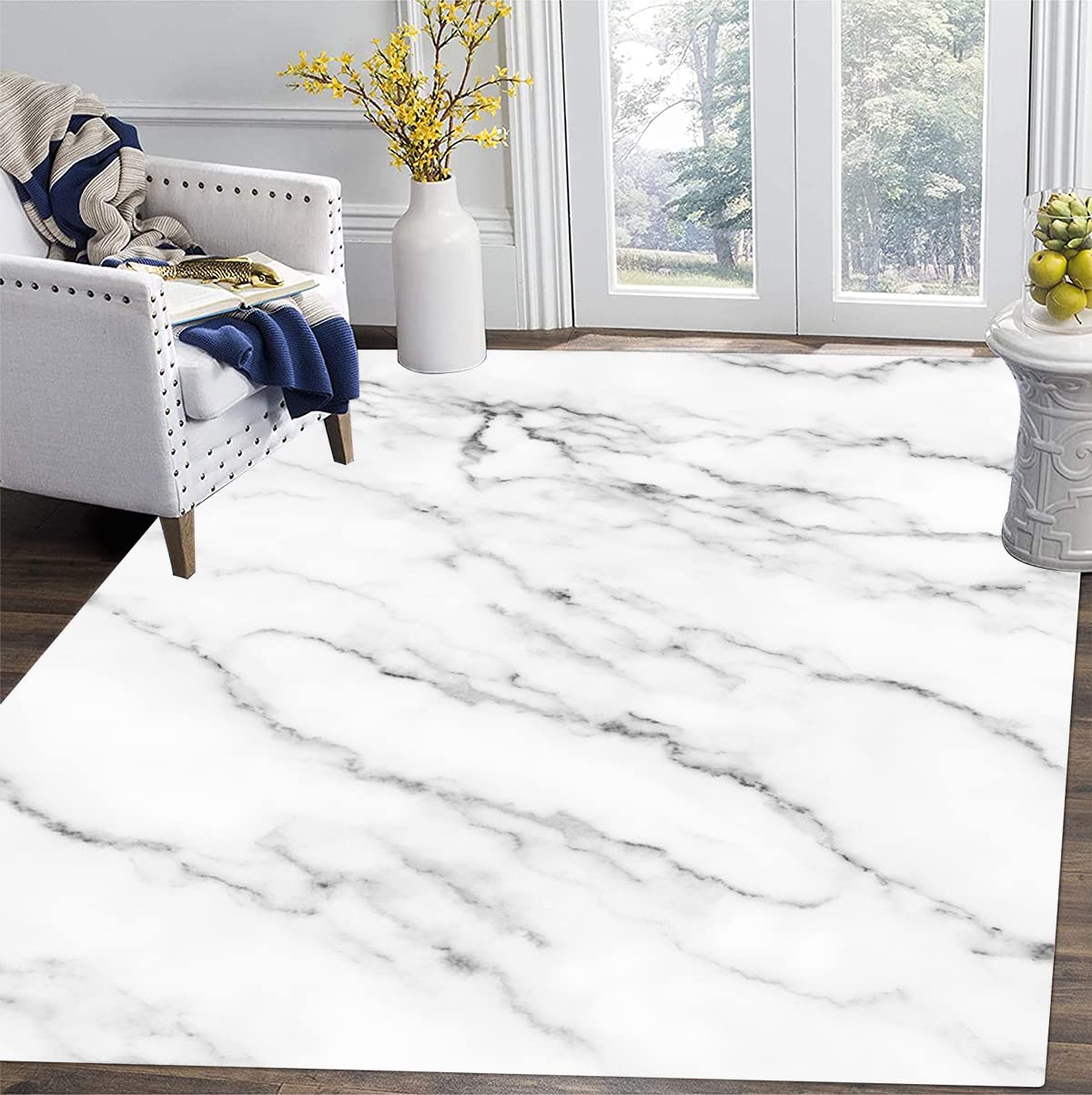 White Grey Marble Swirl Modern Washable Area Rug 6x8 - Soft Thick Abstract Carpet for Living Room, Bedroom, Dining Table - Boho Chic Luxury Indoor Outdoor Floor Runner - Perfect for Home Decor, Office Spaces & High Traffic Areas