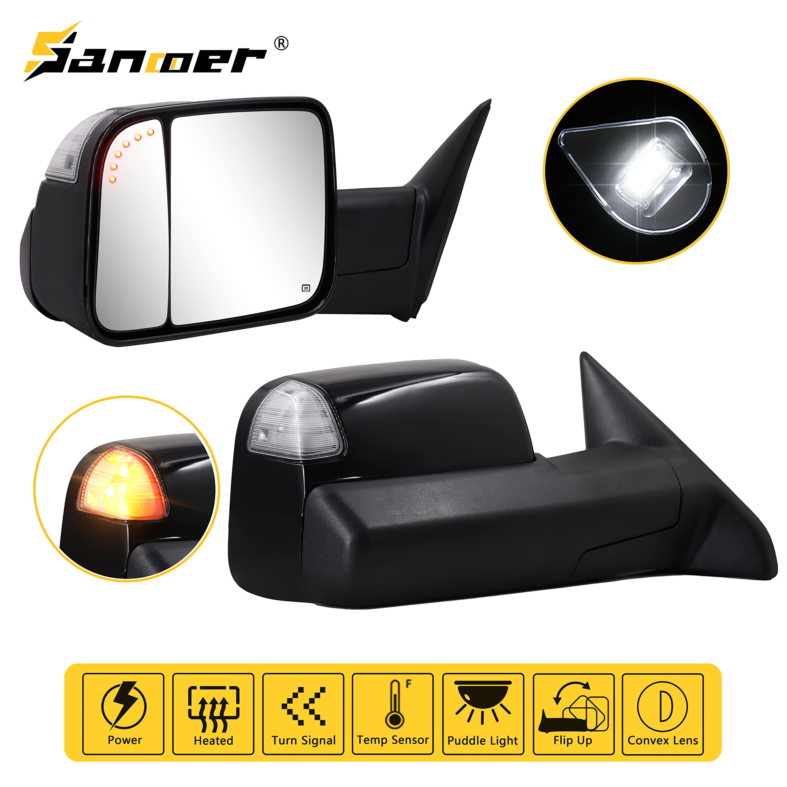 Sanooer Black Painted Towing Mirrors for 2009-2018 Dodge Ram 1500 & 2010-2018 Ram 2500/3500 - Power Glass, Heated, Turn Signal, Puddle Lamp, Temp Sensor, Flip-Up Pair - Perfect for Towing, Off-Roading & Enhanced Visibility