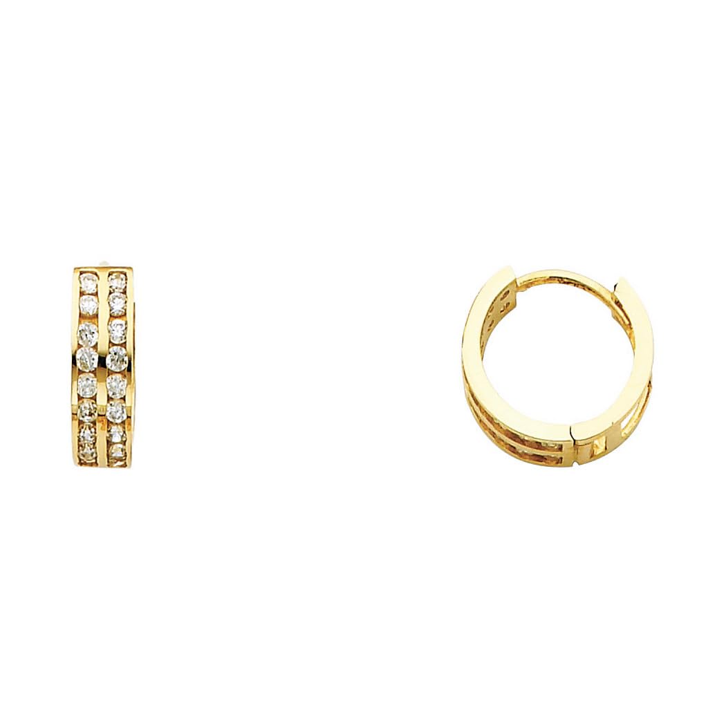 14K Yellow Gold Double CZ Cubic Zirconia Simulated Diamond Huggie Earrings for Women - 13x13mm Elegant Hoop Earrings for Everyday Wear, Parties & Special Occasions