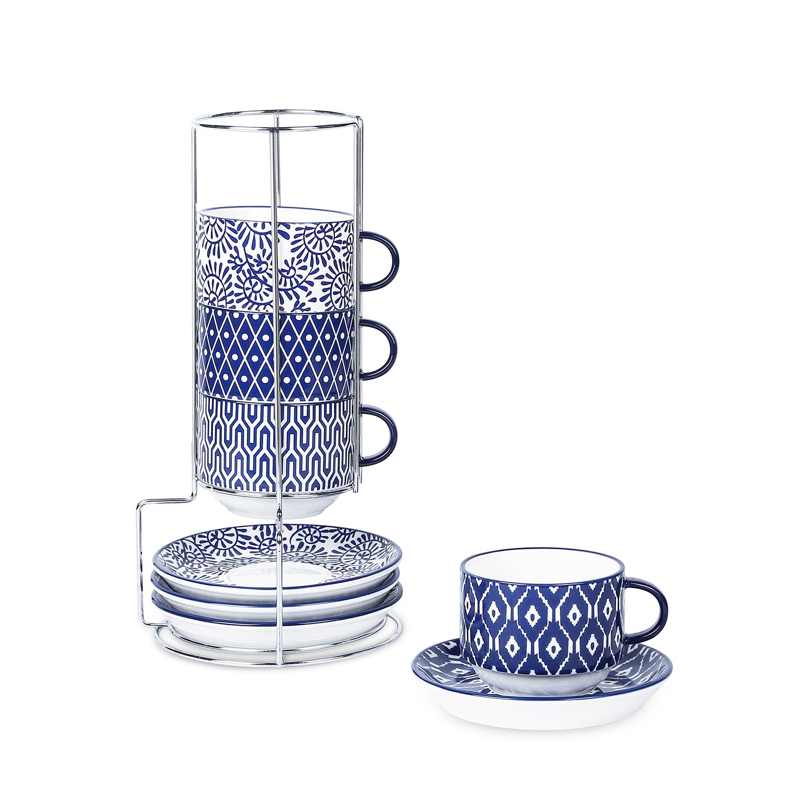 Selamica 8 oz Ceramic Cappuccino Cups with Saucers & Metal Stand - Stackable Espresso Coffee Mugs for Latte, Americano, Tea - Vintage Blue Coffee Cup Set of 4 - Perfect for Home, Cafe & Office Use