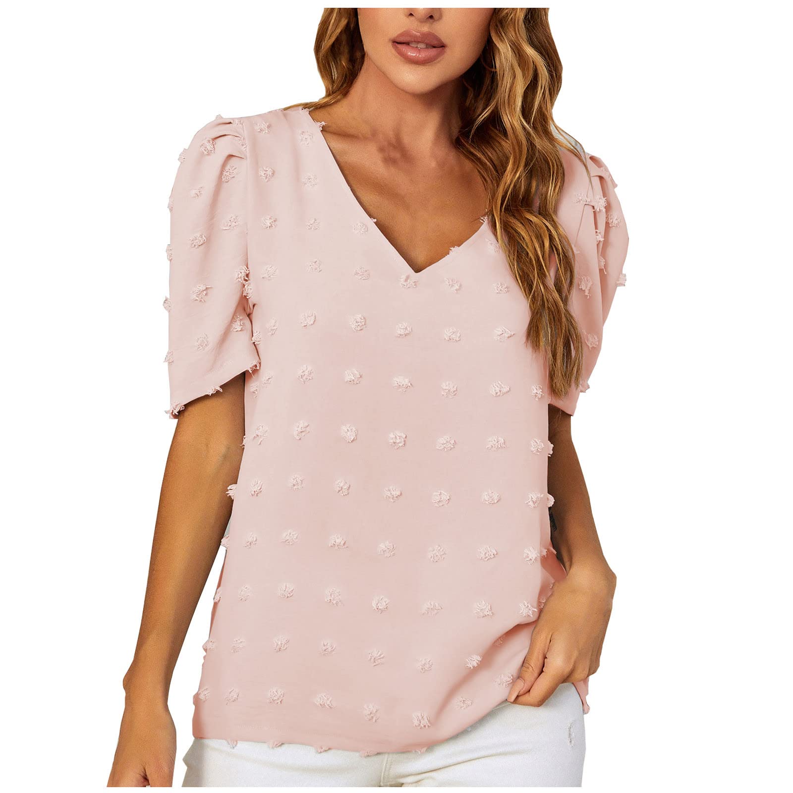 Women's Summer Tops - Puff Sleeve V-Neck Casual & Business Blouses | Solid Color Work Shirts for Office, Dating & Vacation