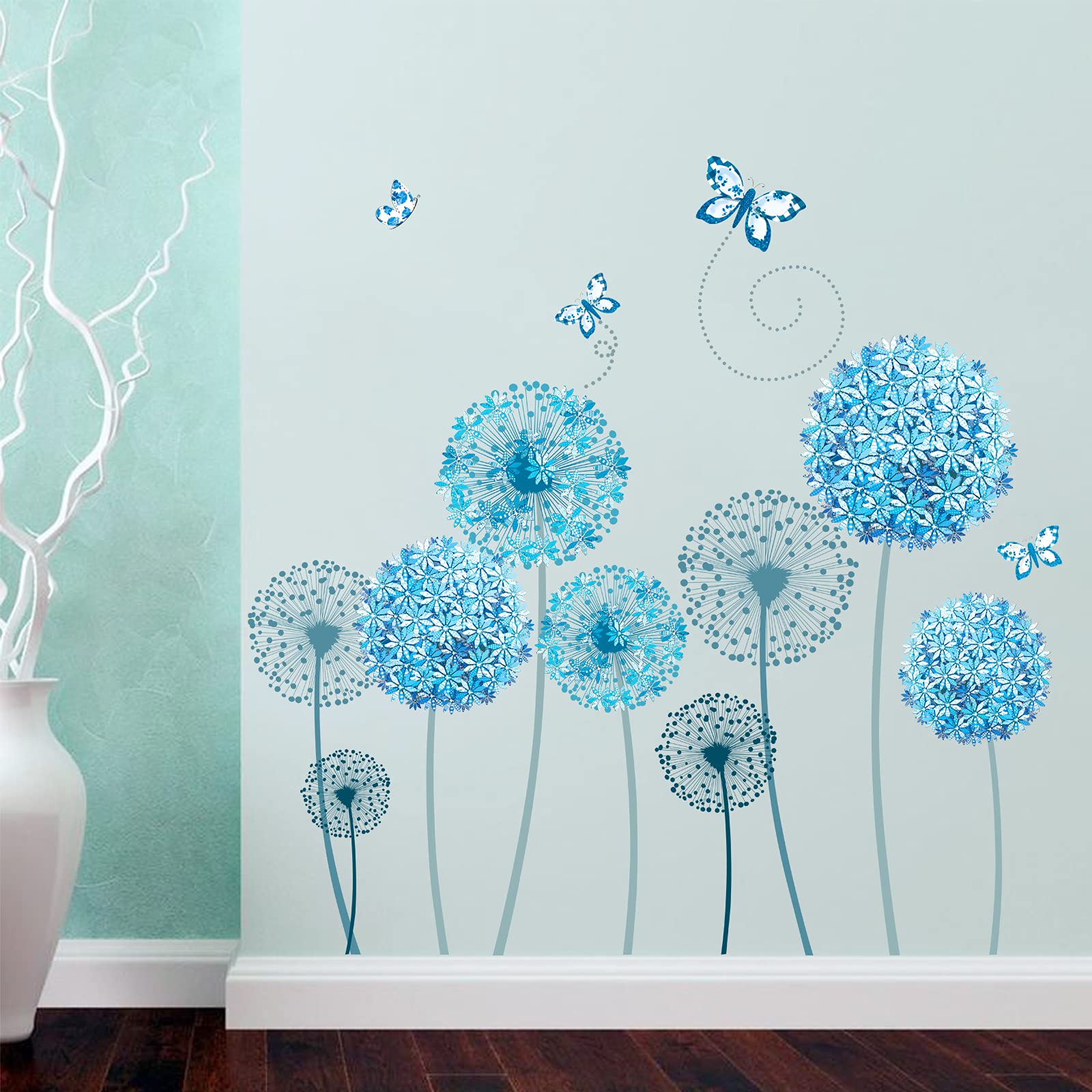 Large Blue Flower Wall Stickers - Allium Butterfly Decals for Bedroom & Living Room Decor