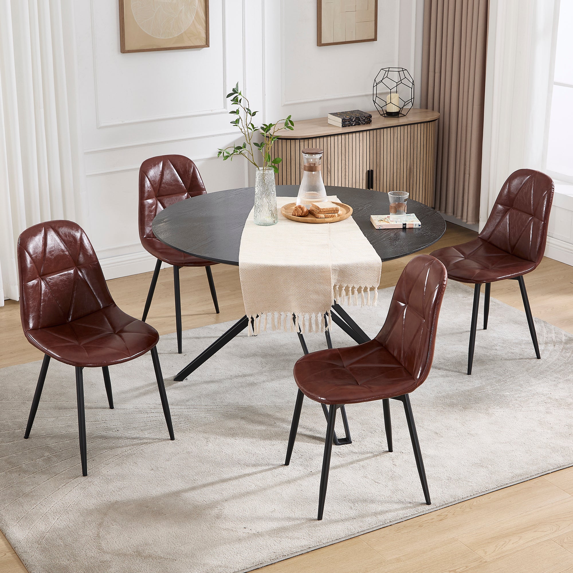 **4-Piece Upholstered Faux Leather Dining Chair Set - Modern Kitchen & Dining Room Chairs with Metal Legs & High Back Support - Easy to Assemble & Clean - Reddish Brown - Perfect for Home, Restaurant & Office Use**