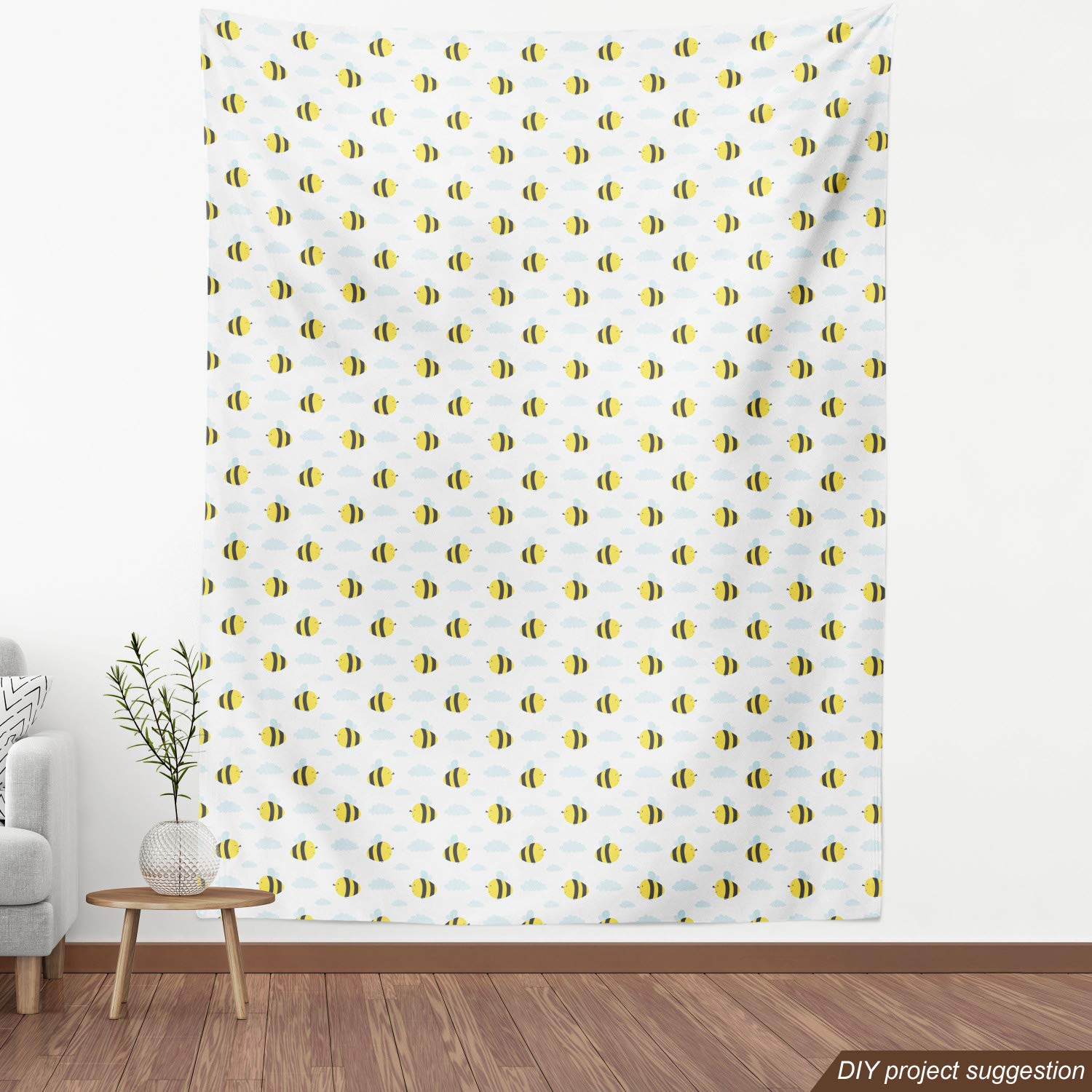 Ambesonne Honey Bee Fabric by The Yard - Pastel Yellow & Blue Cloud & Bee Print Decorative Upholstery Fabric (10 Yards) for DIY Home Decor, Curtains, Pillows & Craft Projects