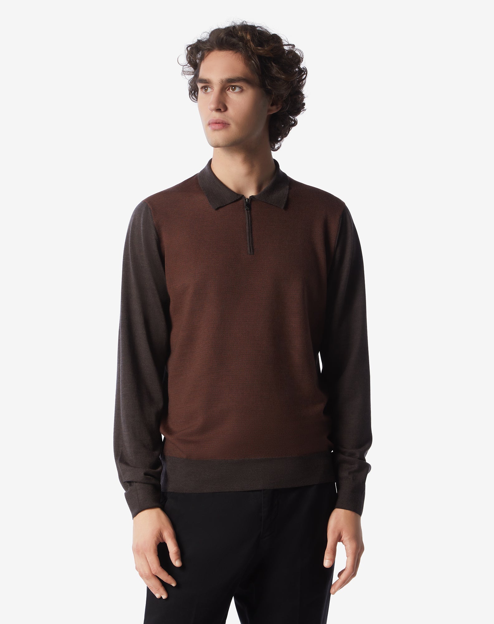 Corneliani Men's Merino Wool Zip-Up Polo Shirt in Brown - Perfect for Casual Outings & Business Casual Wear