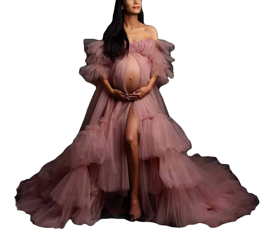 Maternity Tulle Robe - Elegant Sheer Long Dressing Gown for Pregnancy Photoshoots, Bridal Lingerie & Baby Shower - Soft Puffy Bathrobe for Special Occasions