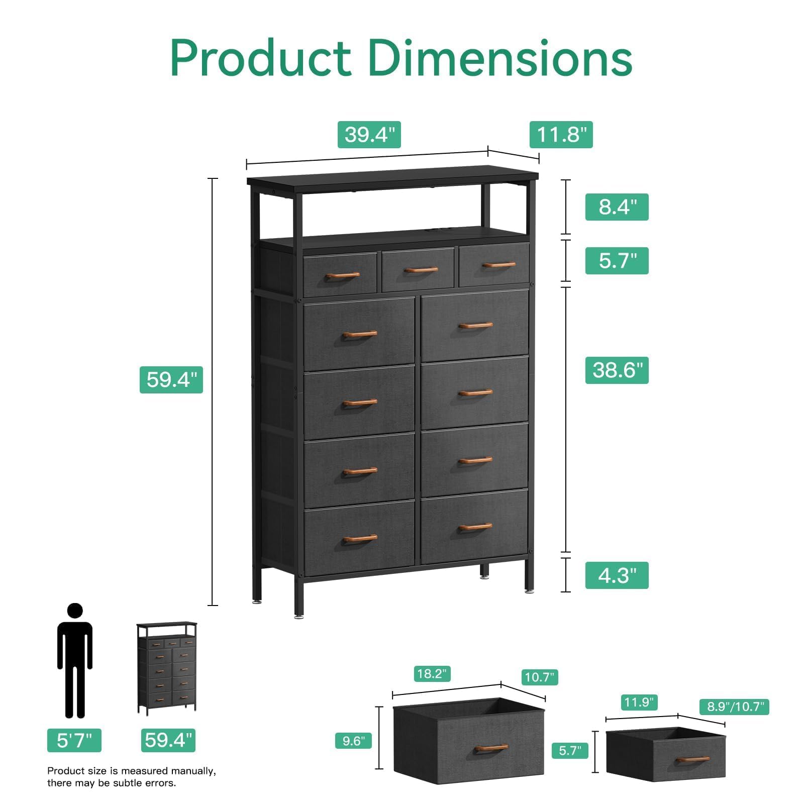 AODK 59-Inch Tall Dresser with Charging Station & 11 Storage Drawers - Large Fabric Dresser with Sturdy Metal Frame & Wooden Top for Bedroom Organization - Dark Grey - Perfect for Small Spaces, Apartment Living & Master Bedroom Storage