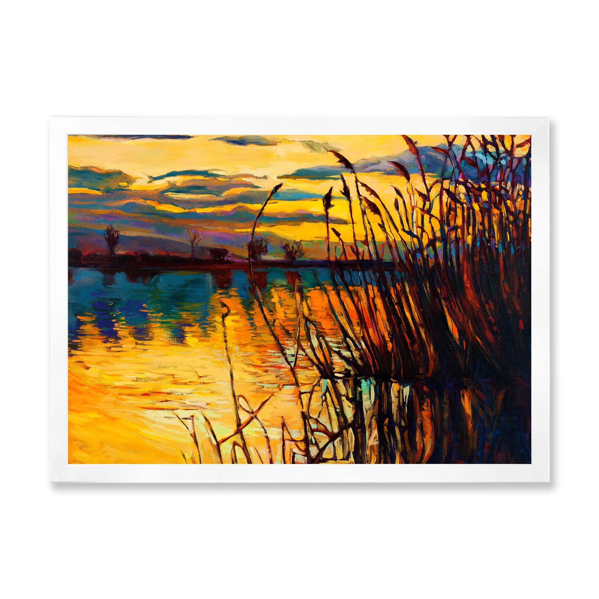 Yellow Sunset Through The High Grass By The Lake - Coastal Framed Wall Art Decor for Living Room, Bedroom & Office - Nautical Landscape Painting for Home & Office Decor