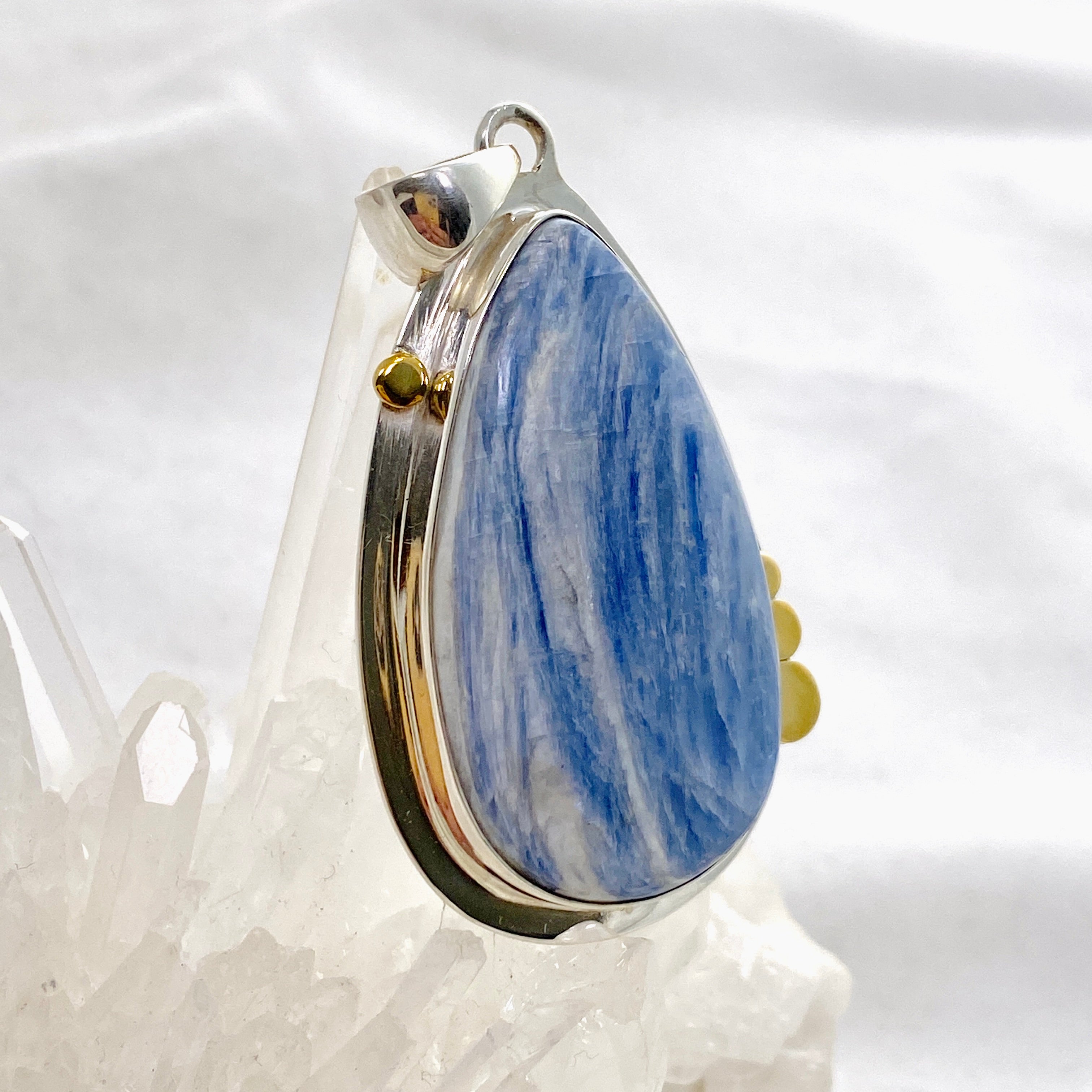 Blue Kyanite Teardrop Pendant Necklace with Brass Accents - Healing Crystal Jewelry for Meditation, Energy Work & Spiritual Protection - KPGJ4624
