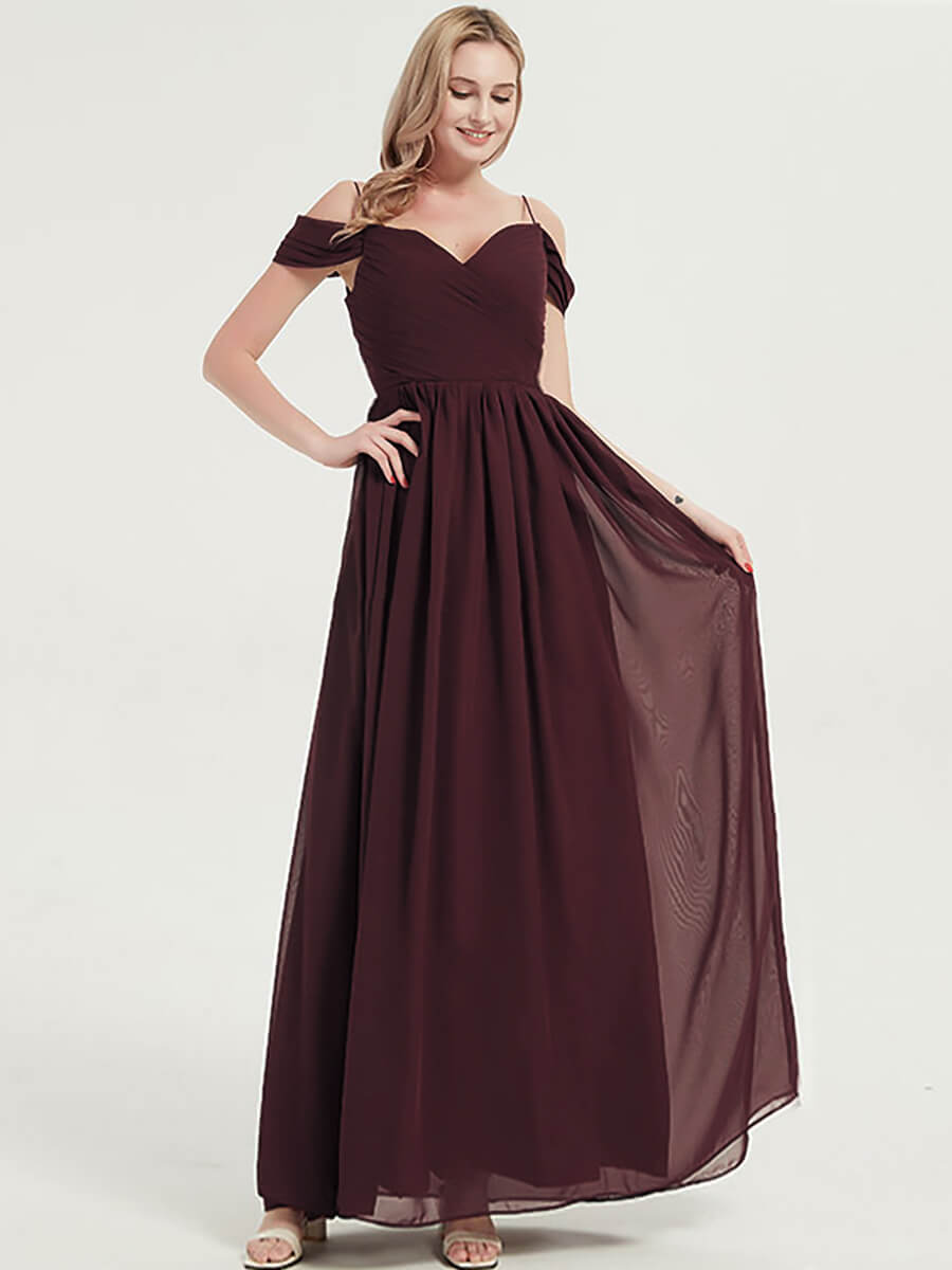 Elegant Cabernet Cold Shoulder Spaghetti Straps Pleated Chiffon Bridesmaid Dress for Weddings, Parties & Formal Events