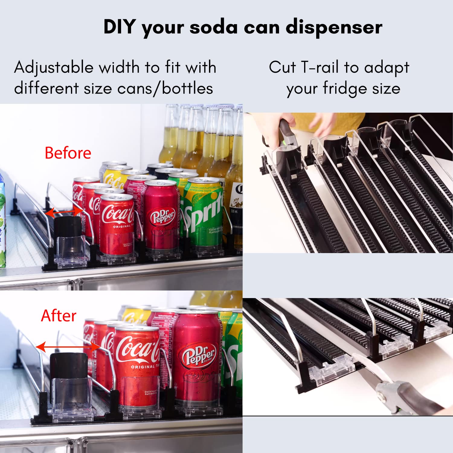 Baraiser Large Capacity Self-Pushing Drink Dispenser - Adjustable Fridge & Pantry Organizer with 5 Rows, Black | Perfect for Soda Cans, Beer Bottles & Beverage Storage in Home, Office or Party Use