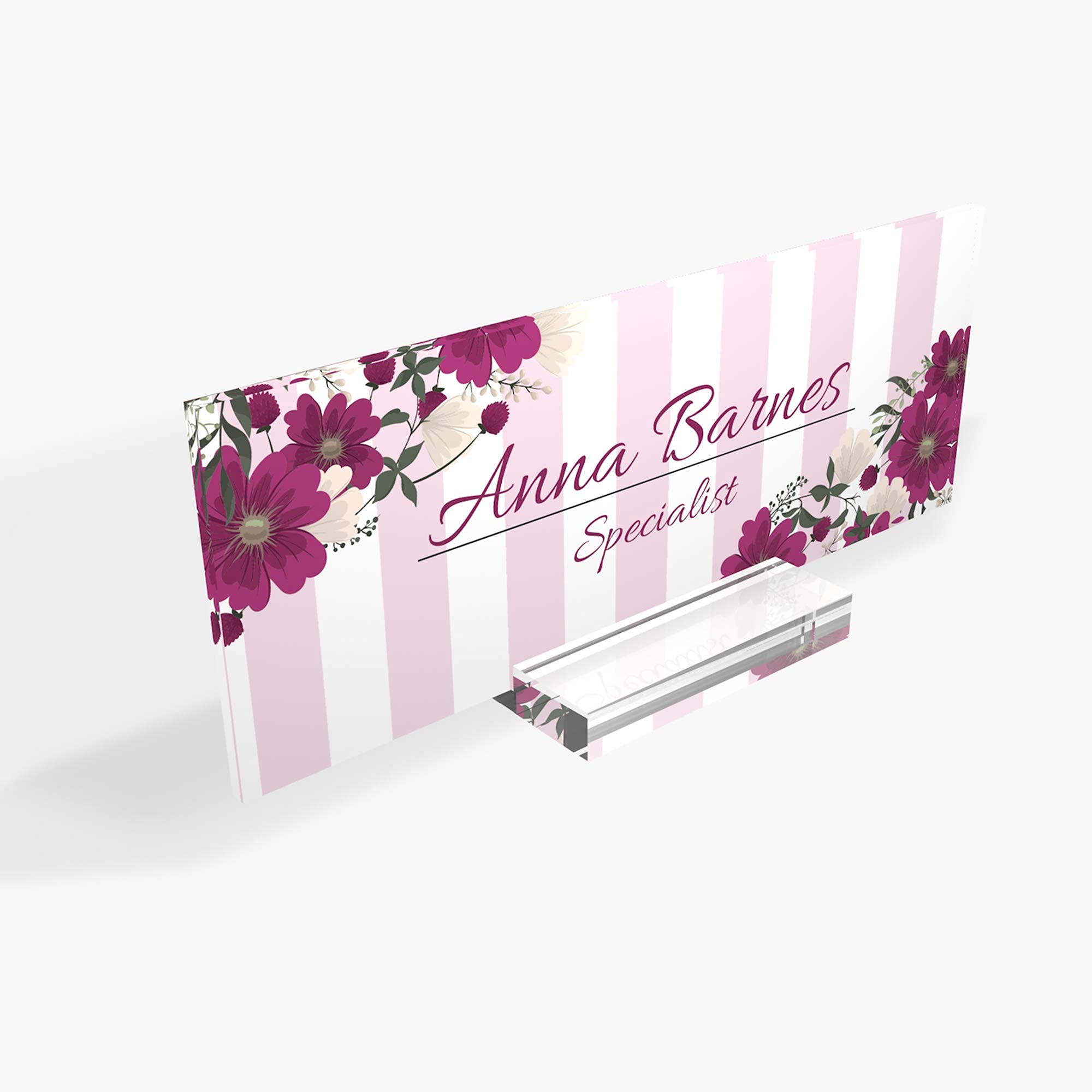 Personalized Desk Name Plate - Modern Office Sign for Women, Home & Office Decor - Custom Name Holder with Magenta Flower Design (8