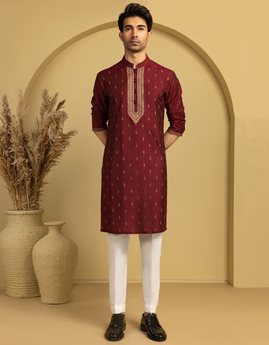 Blended Red Special Kurta by J. Junaid Jamshed | Elegant Pakistani Traditional Wear for Men | Perfect for Eid, Weddings & Festive Occasions