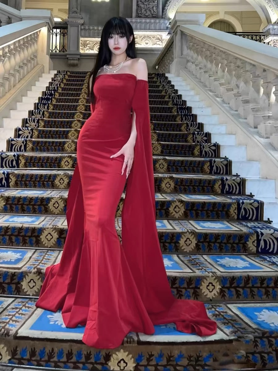 Elegant Off-The-Shoulder Red Long Prom Dress for Women - Formal Evening Gown for Birthday Party, Homecoming, Quinceañera & Special Occasions | Style J3367