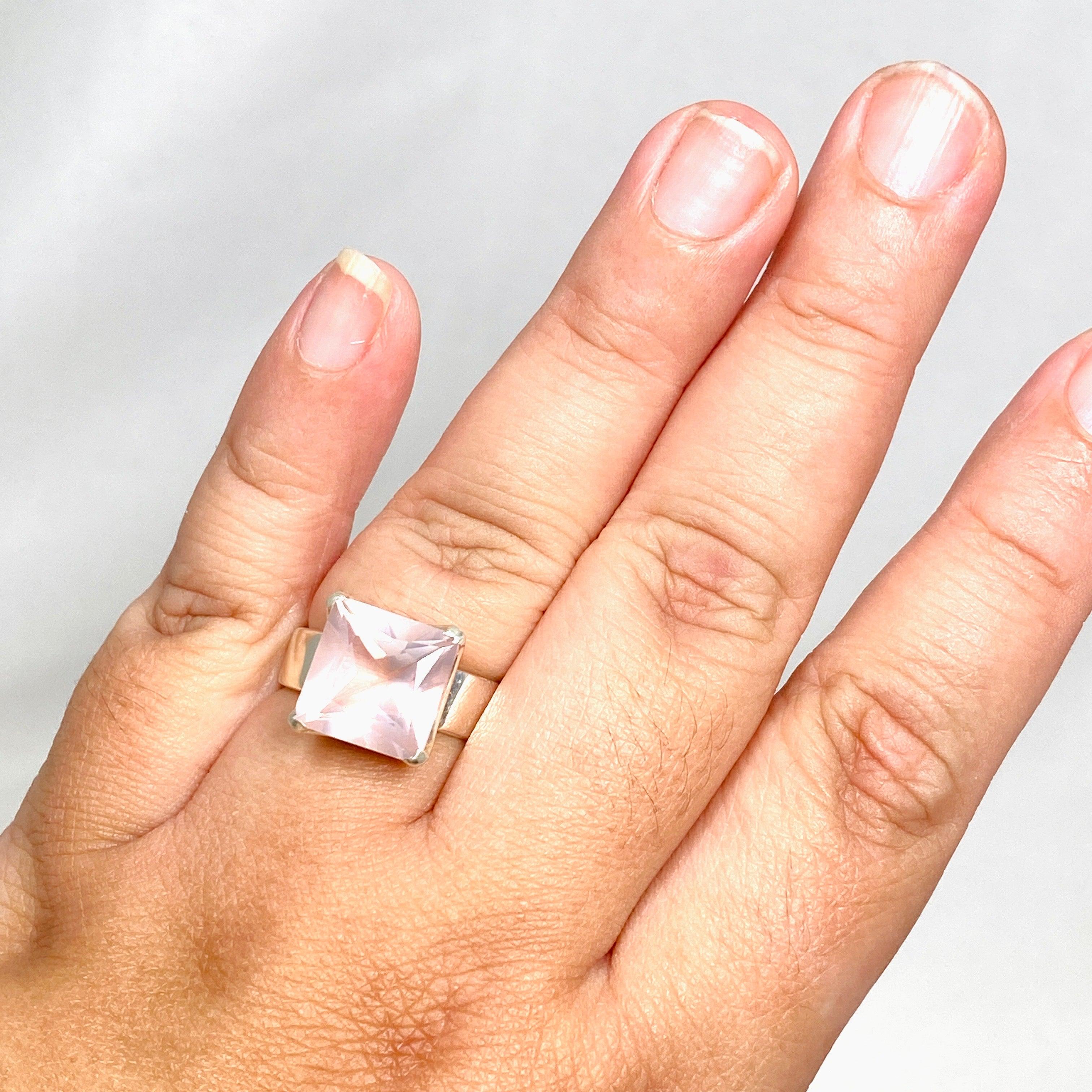 Rose Quartz Faceted Square Ring Size 11.5 PRGJ427 - Elegant Healing Crystal Jewelry for Women, Perfect for Meditation, Yoga & Spiritual Gifts