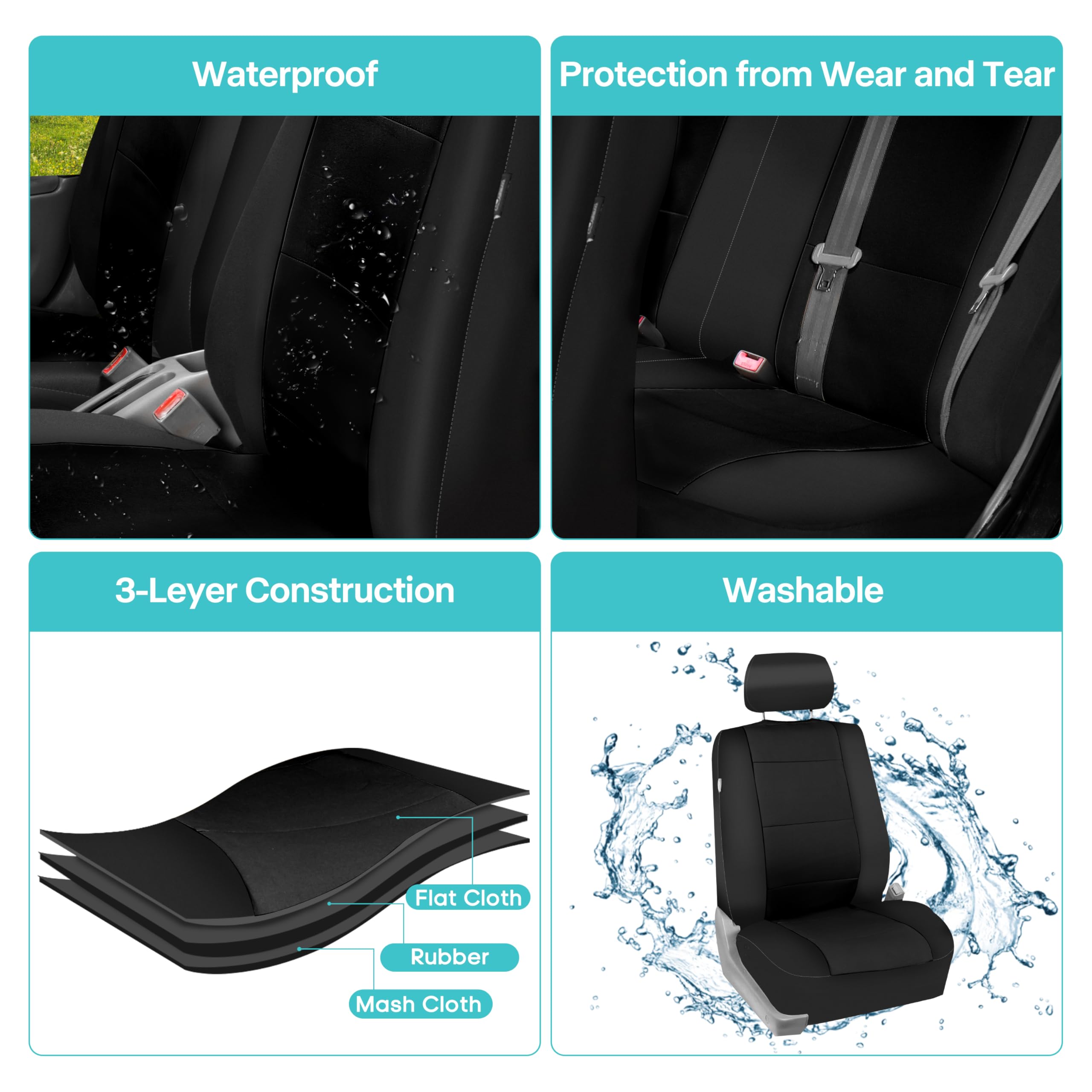FH Group Neoprene Waterproof 7-Seater Car Seat Covers - 3-Row Full Set for SUVs, Trucks & Vans | Airbag Compatible & Split Design | Perfect for Family Road Trips & Outdoor Adventures (Solid Black)