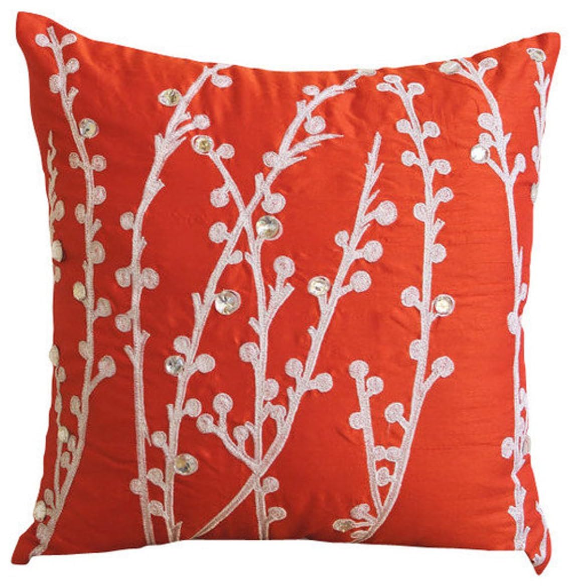Premium 14x14 Inch Silk Floral Pillow Cover - Coral Orange Willow Design Square Cushion Case for Sofa, Bedroom Decor & Home Styling (35x35 cm)