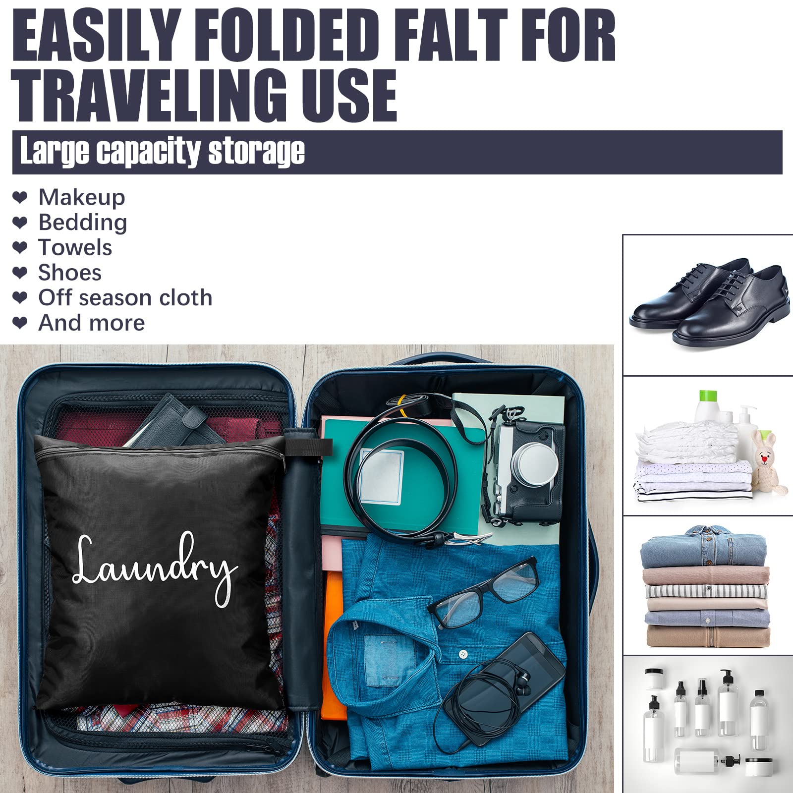 4 Pack Waterproof Laundry Bags for Travel - Reusable Wet/Dirty Clothes Organizer (12x14 & 17x22 Inch) - Machine Washable Storage Hamper for Camping, Gym, Dorm & Vacation - Gray & Black Travel Accessories