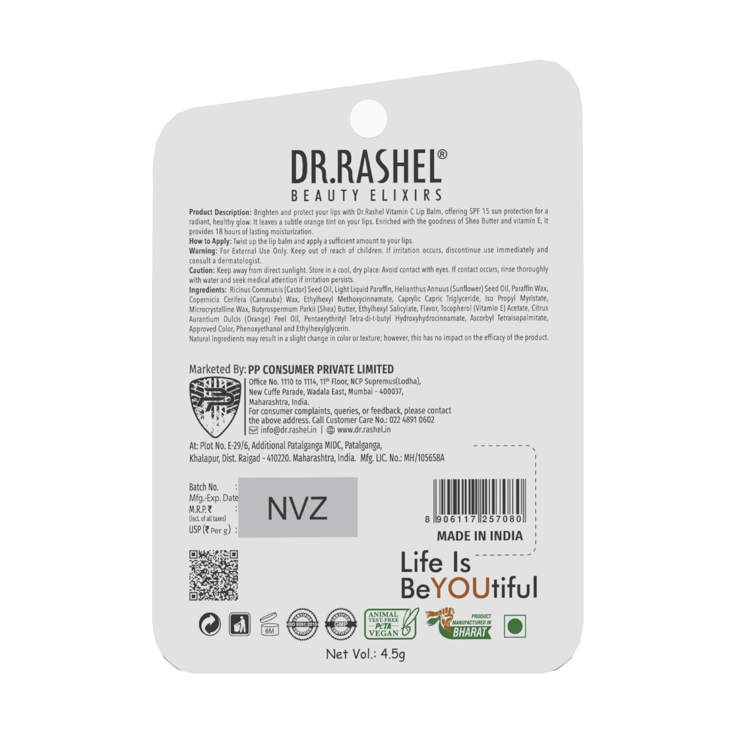 Dr. Rashel Vitamin C & E Enriched Tinted Lip Balm - 4.5g Hydrating Lip Moisturizer with Natural Oils for Dry, Chapped Lips | SPF UV Protection | Perfect for Daily Use, Outdoor Activities & Winter Lip Care