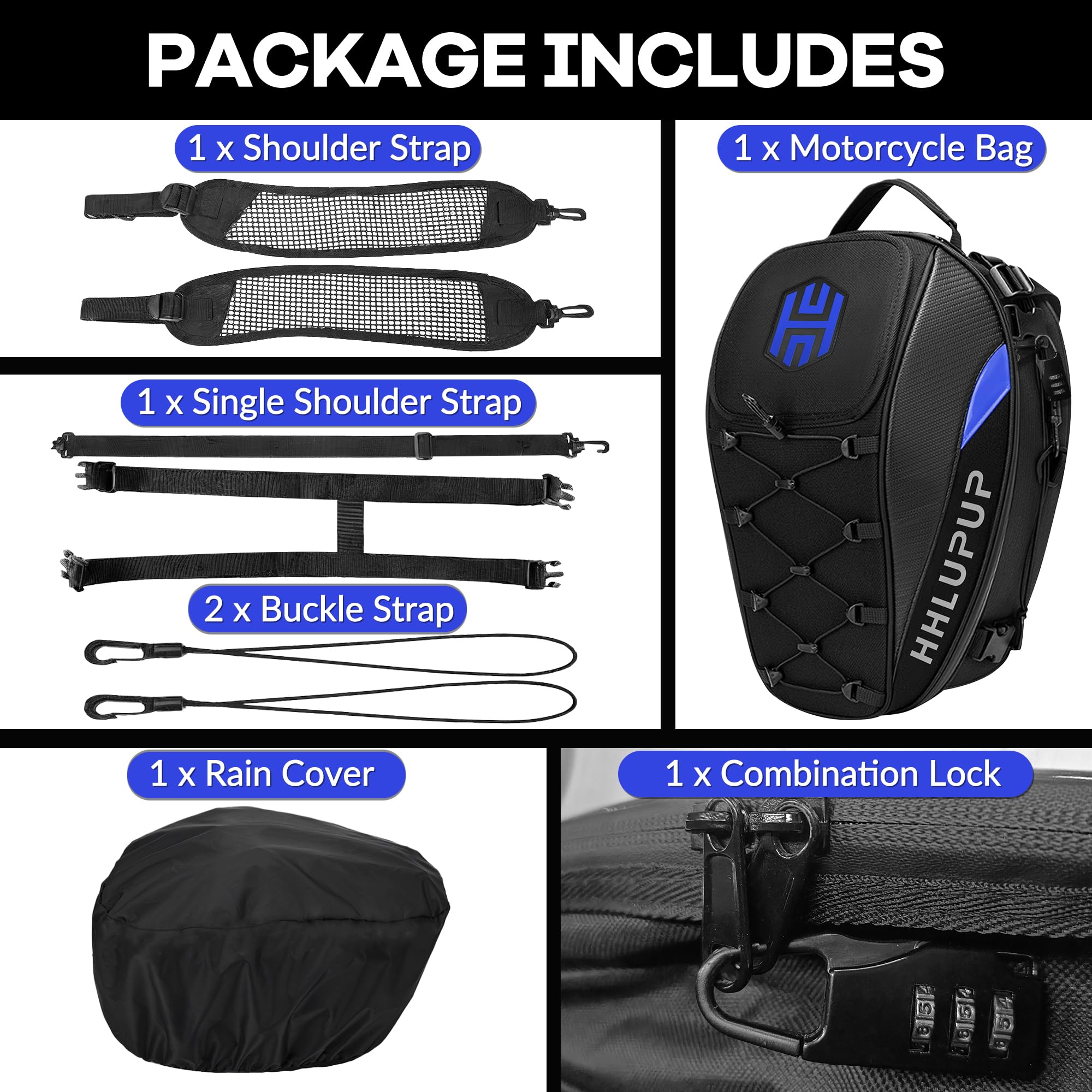 Waterproof Motorcycle Tail Bag with Password Lock - 38L Large Capacity Seat & Helmet Storage Backpack - Durable Motorbike Luggage for Commuting & Travel (Blue) - Perfect for Daily Rides & Weekend Adventures