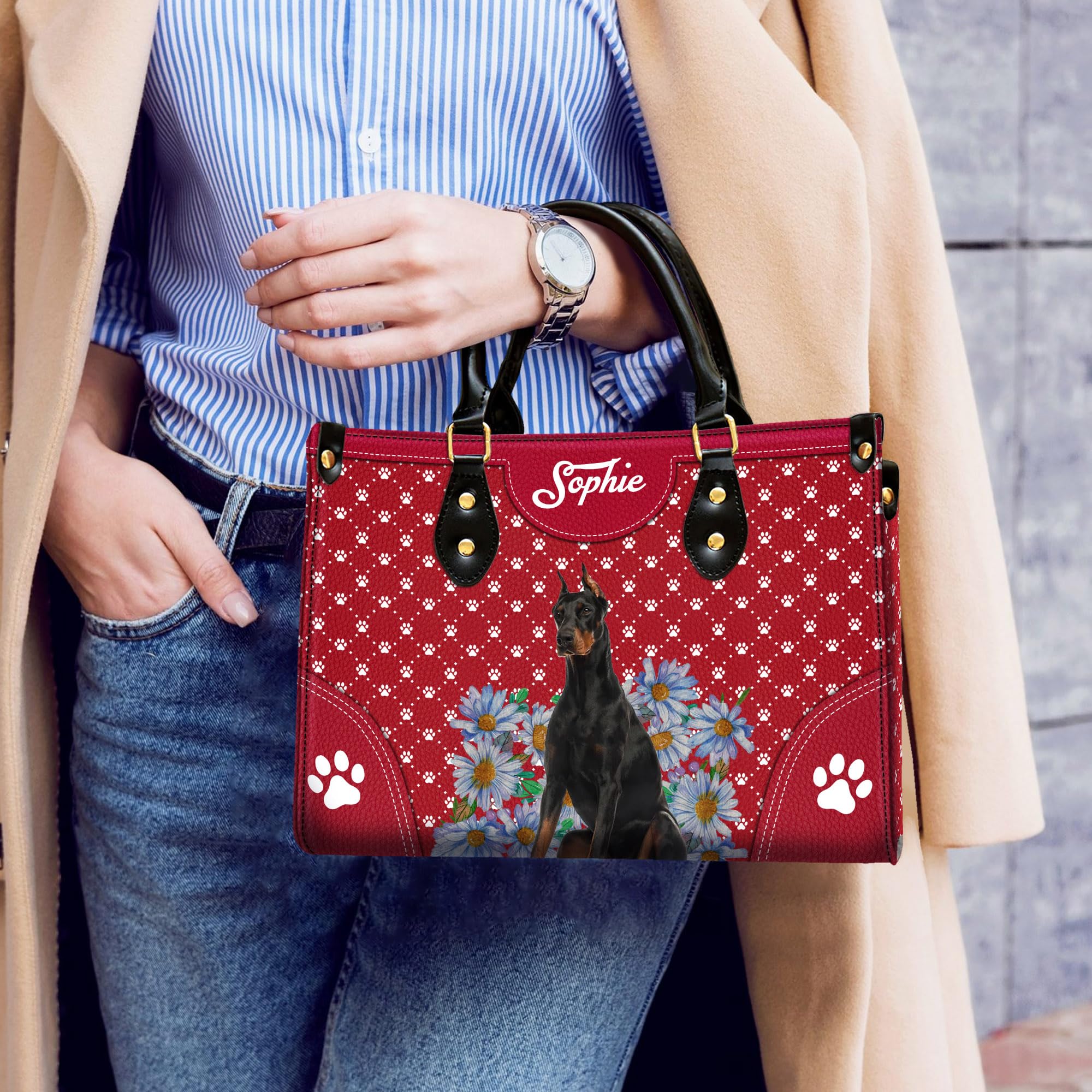 **Personalized Doberman Pinscher Leather Handbag - Custom Name Dog Purse, Shoulder Bag for Women - Perfect Gift for Dog Moms & Dog Lovers - Ideal for Work, Travel & Casual Outings**