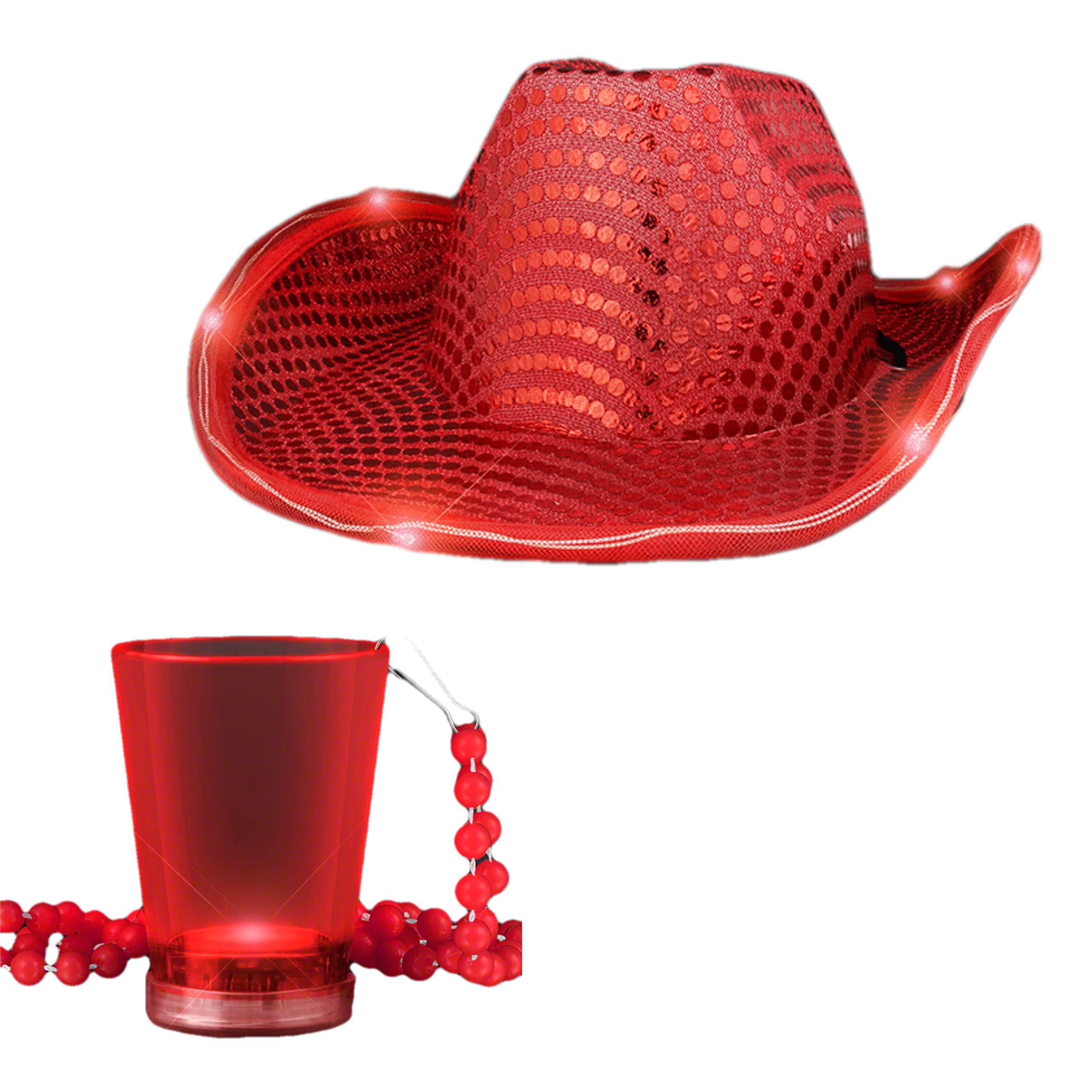 2 in 1 Light Up Red Sequin Cowboy Hat & LED Shot Glass Necklace Set - Perfect for Western Parties, Bachelorette Events & Country Music Festivals