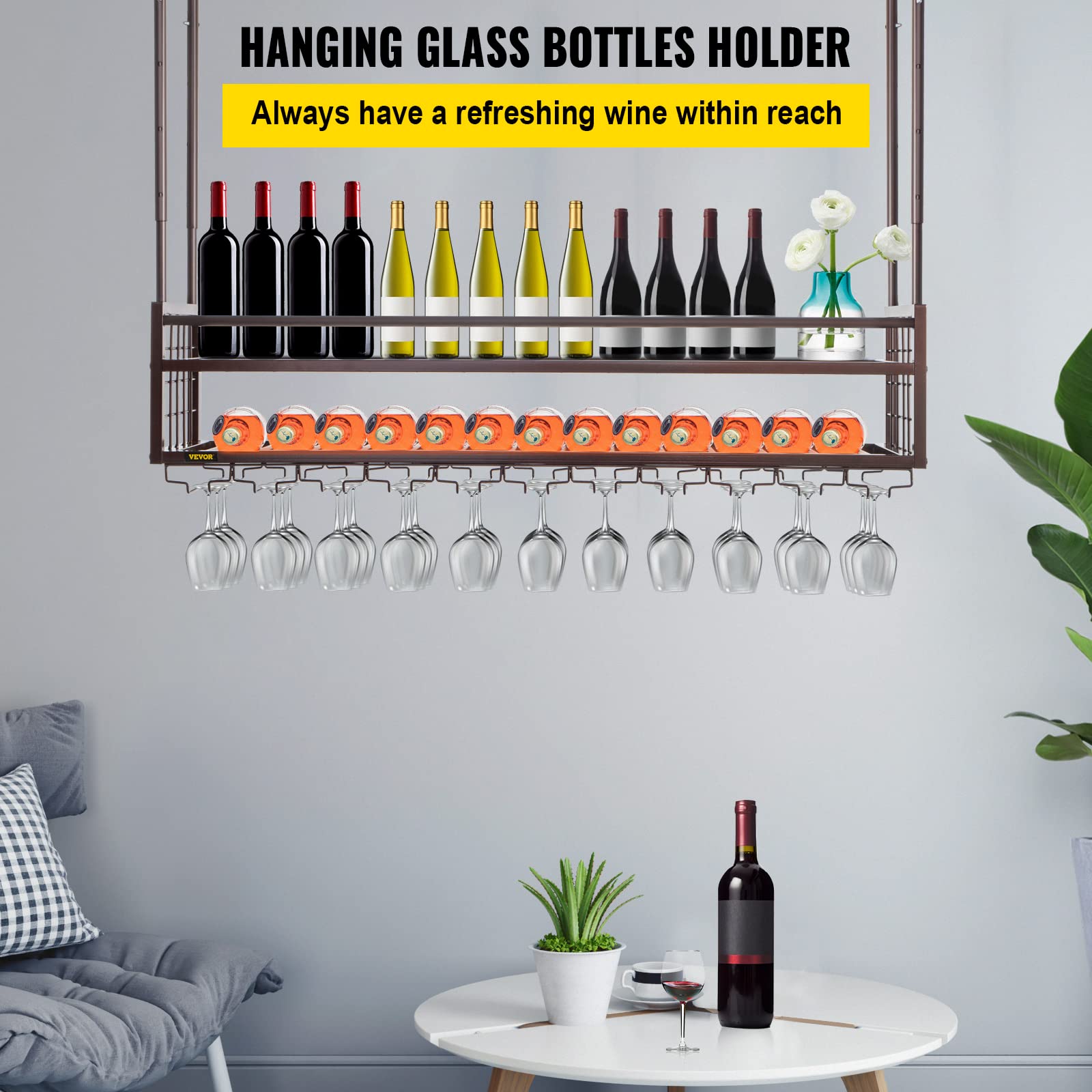 VEVOR Adjustable Hanging Wine Glass Rack - 46.9 x 11.8 Inch Wall-Mounted Copper Wine Rack Cabinet with 18.9-35.8 Inch Height Adjustment - Perfect for Bars, Restaurants, Kitchens & Home Wine Storage Organization