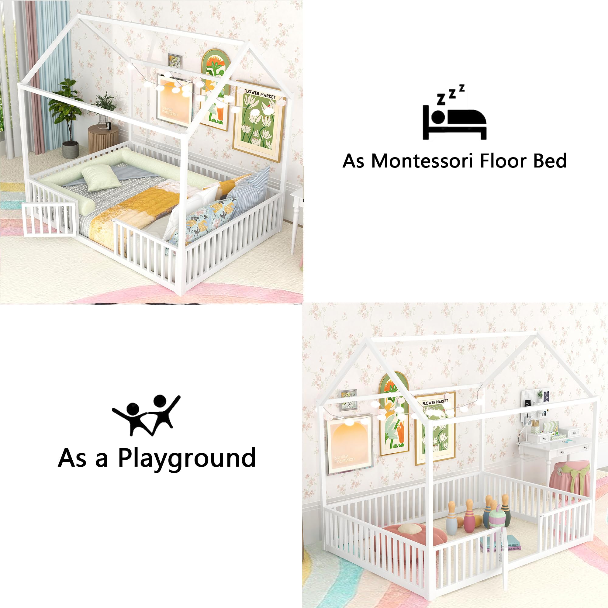 White Full Size Montessori Floor Bed Frame with Door & High Fence - Safe Kids House Bed for Boys & Girls | Perfect for Toddler Rooms, Daycare Centers & Montessori Classrooms