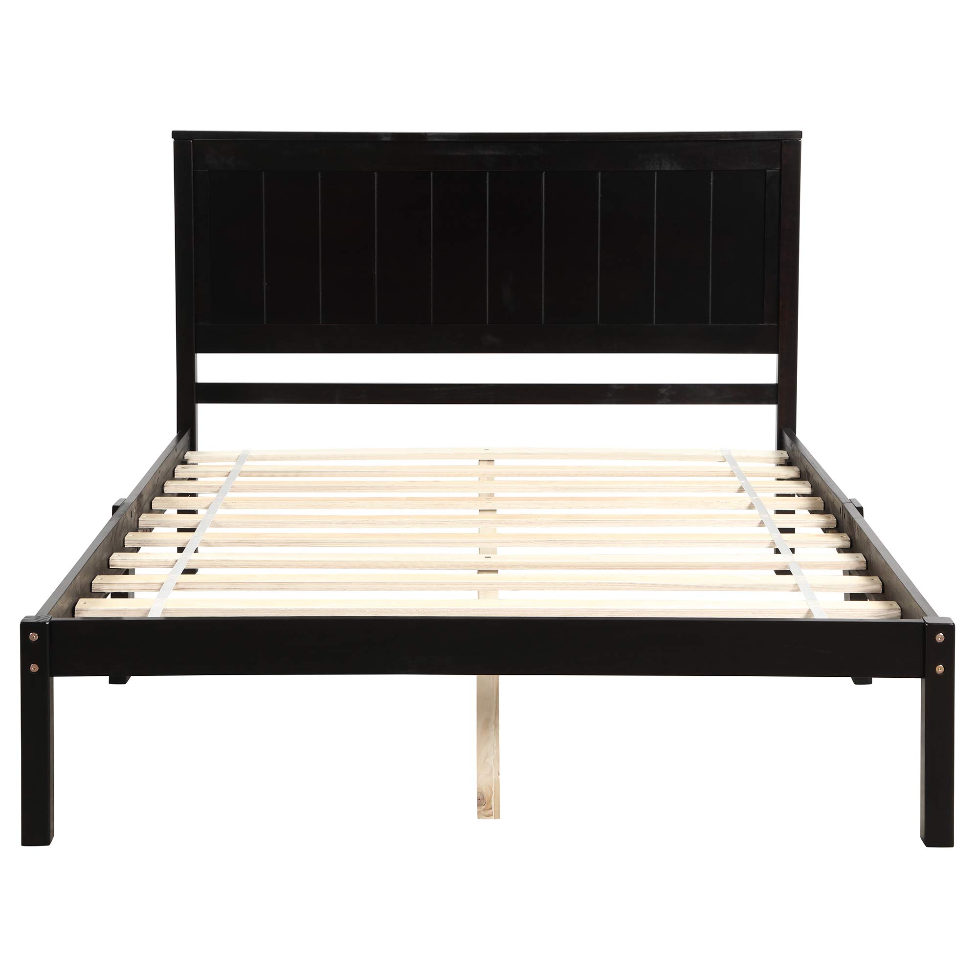 P PURLOVE Solid Wood Full Size Bed Frame with Headboard - No Box Spring Needed, Espresso Finish - Perfect for Modern Bedrooms, Guest Rooms & Small Spaces