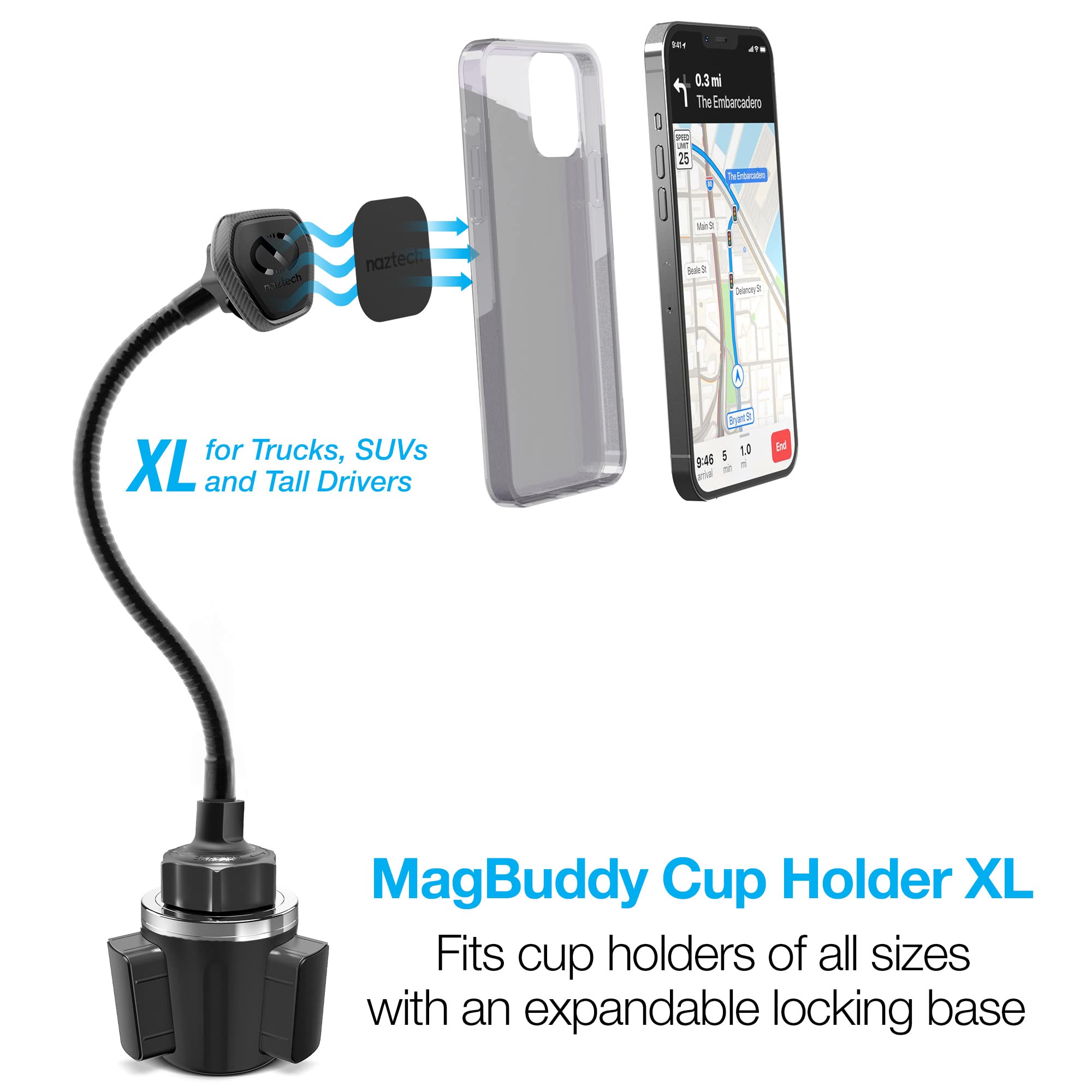 Naztech MagBuddy Elite XL Cup Holder Phone Mount - Adjustable Magnetic Gooseneck Car Phone Holder for iPhone 16/15/14 Pro Max, Galaxy S24/S23 Ultra, Google Pixel 8/7 | Universal Smartphone Stand for Bed, Office & Road Trips | Secure Hands-Free Viewing in Vehicles (Black)