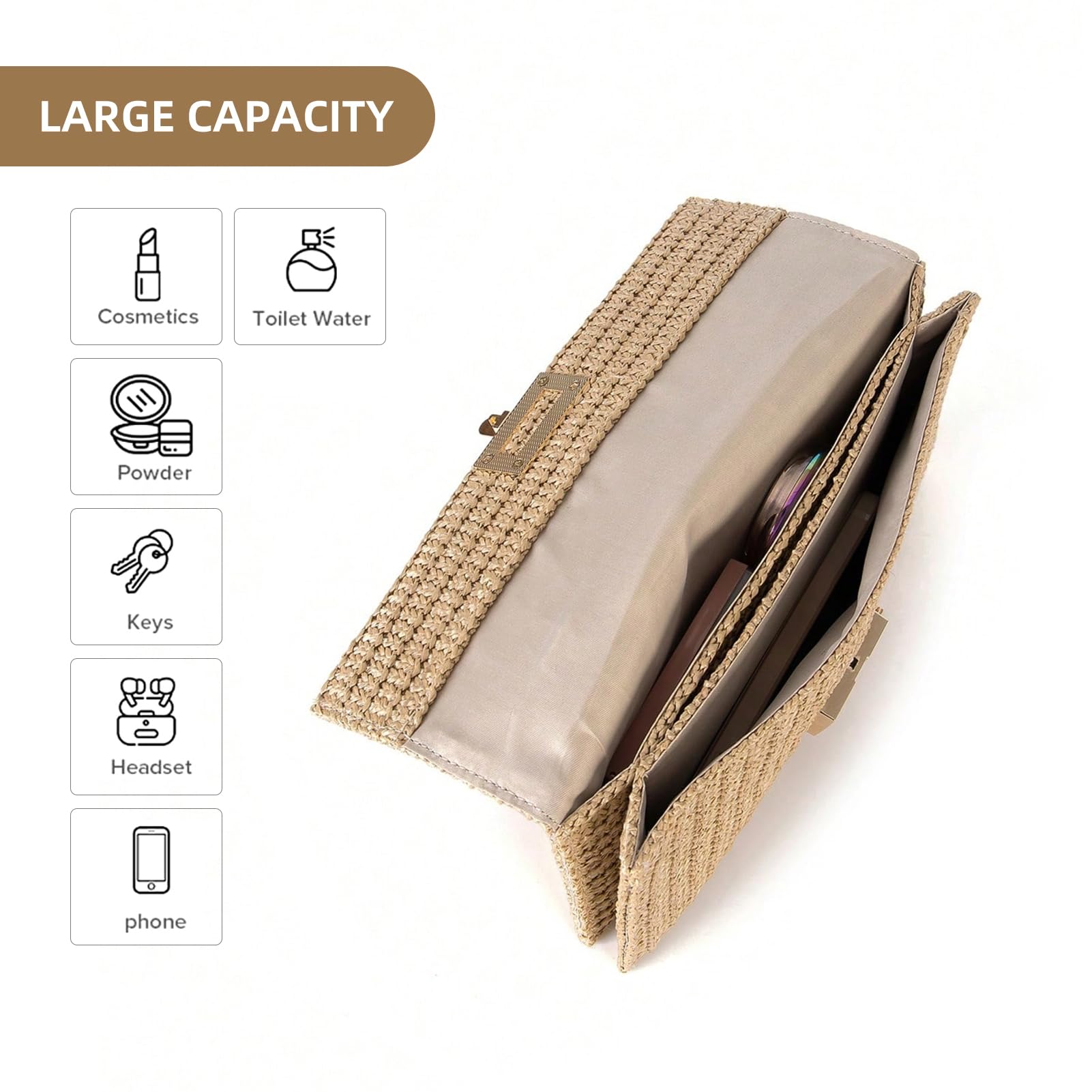 Women's Straw Chain Clutch Purse - Woven Envelope Handbag with Shoulder Strap & Crossbody Strap - Perfect for Beach, Summer Outings & Casual Events
