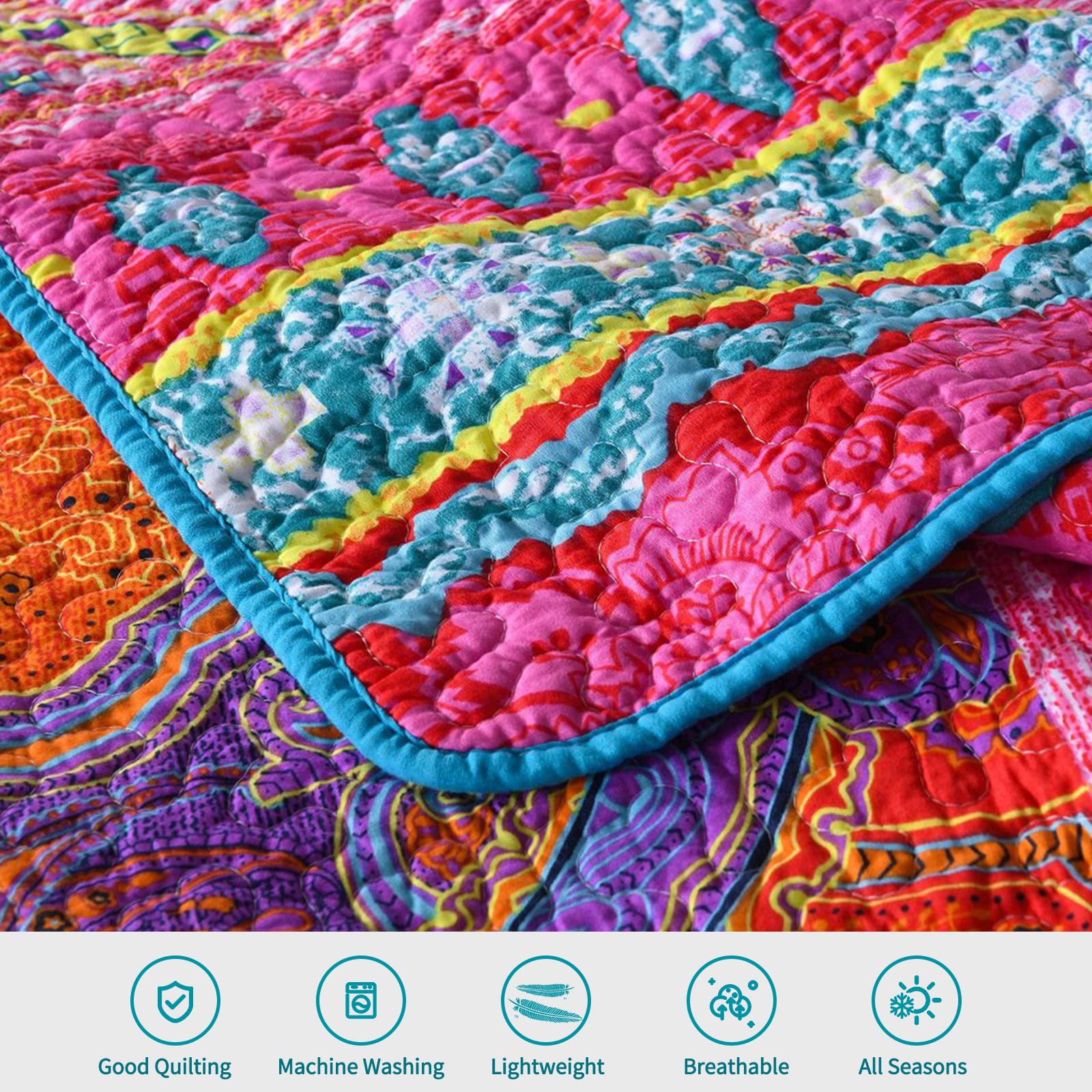 Qucover Boho Quilt Throw - Soft Microfiber Pink & Blue Bohemian Bedspread, Ethnic Style Lightweight Blanket for Couch, Sofa, Bed (Small Single) - Perfect for Cozy Nights, Home Decor & Bohemian Style Living Rooms