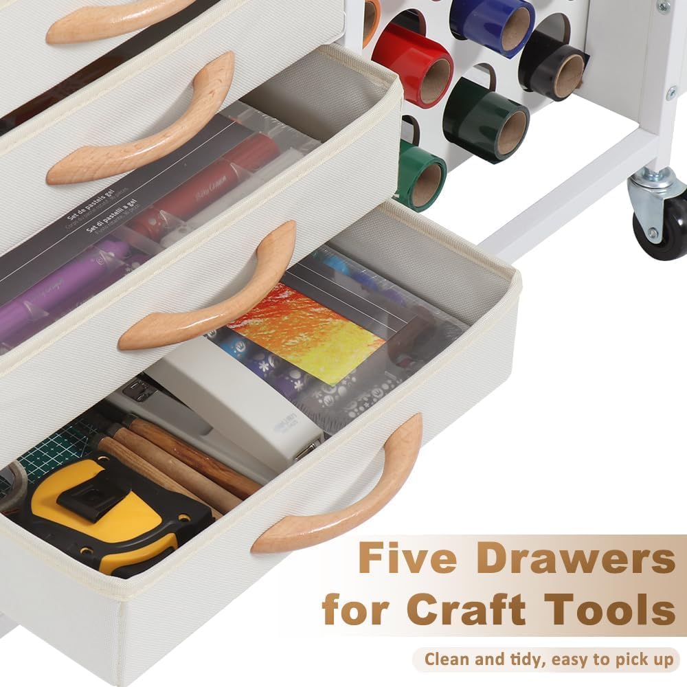 LUCKUP Craft Storage Rolling Cart for Cricut Machines - 28 Vinyl Roll Holders, 5 Drawers & Heat Press Stand - Mobile Craft Organization Cabinet with Hooks - Perfect for DIY Projects, Scrapbooking & Home Craft Room Organization