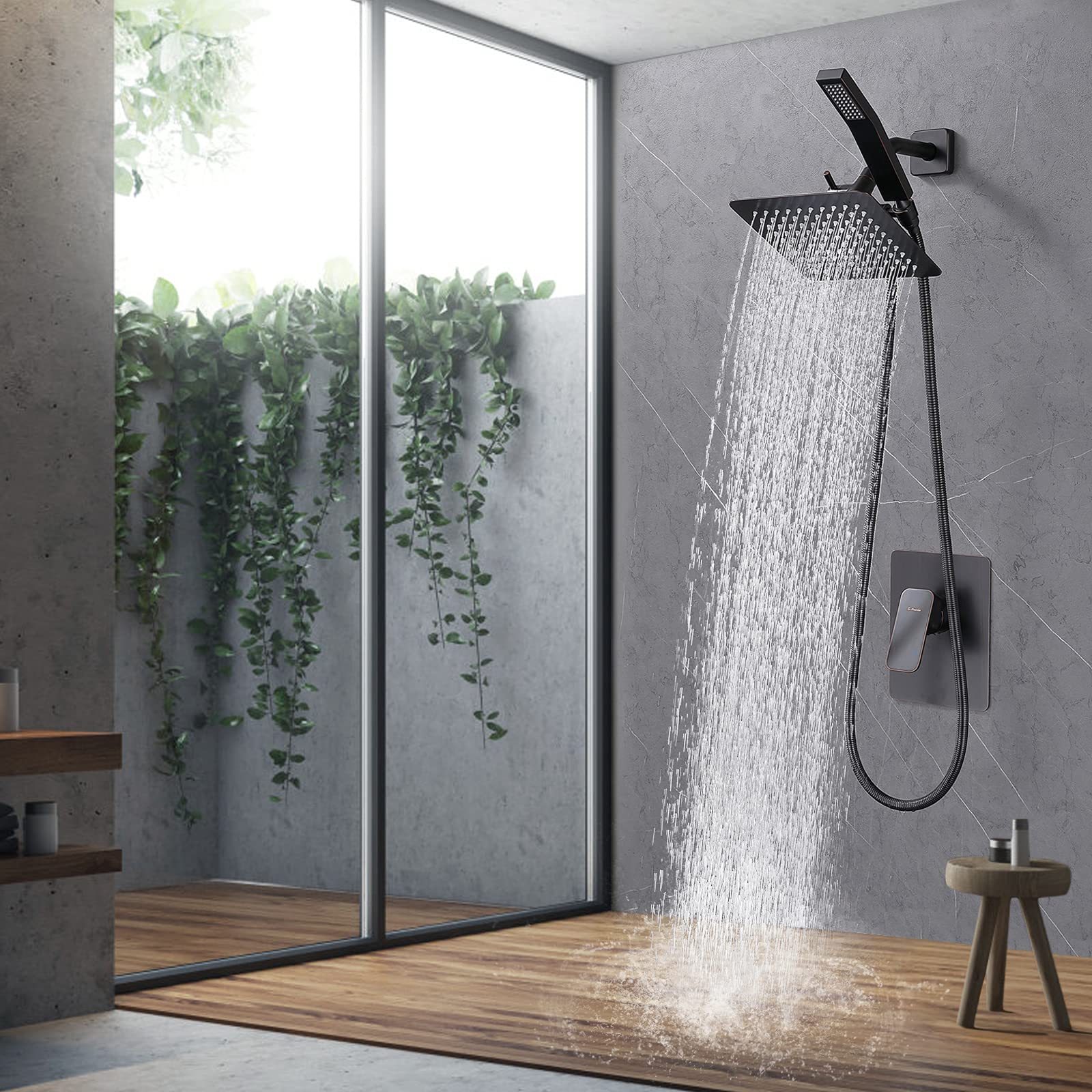 Premium All-Metal Shower Faucet Set - Dual Square Shower Head System with Handheld Spray & Rainfall Showerhead | Complete Combo with Diverter, Hose & Pressure Balance Valve | Perfect for Luxury Bathroom Renovation & Spa-Like Shower Experience
