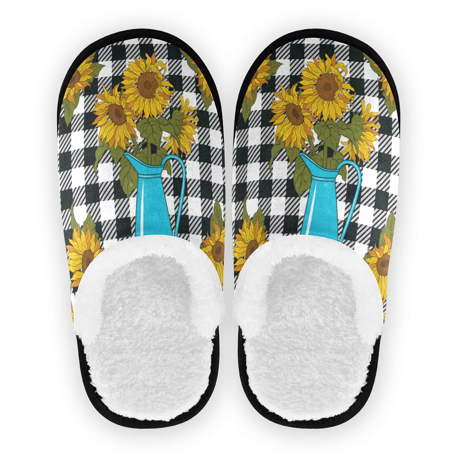 **Sunflower Buffalo Plaid Slippers for Women & Men - Soft Memory Foam Non-Slip Indoor House Shoes - Cozy Home, Bedroom, Hotel, Travel & Spa Slippers**