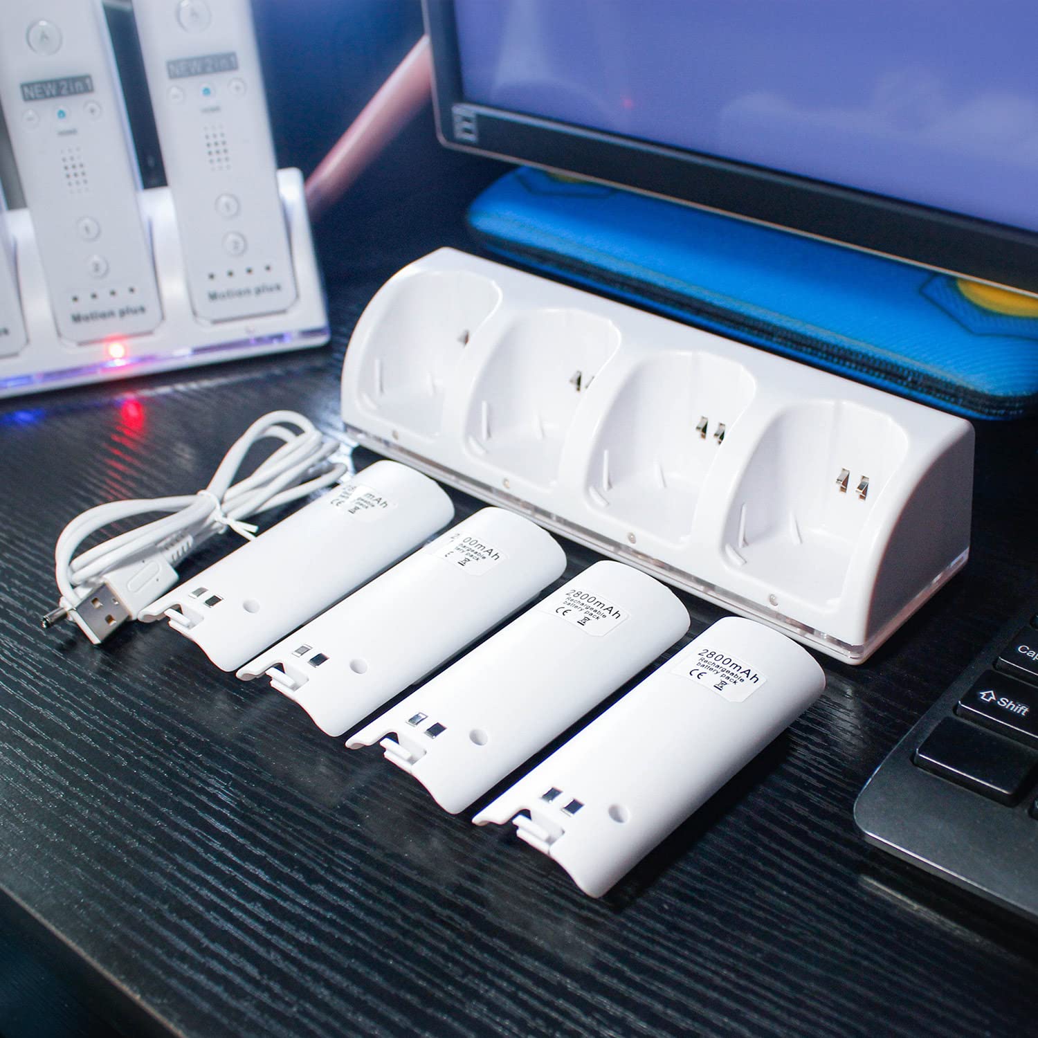 OSTENT Nintendo Wii Remote Controller Charger Dock Station with 4 Rechargeable Battery Packs - White | Fast Charging Dock for Wii Controllers | Perfect for Gaming Parties & Family Game Nights