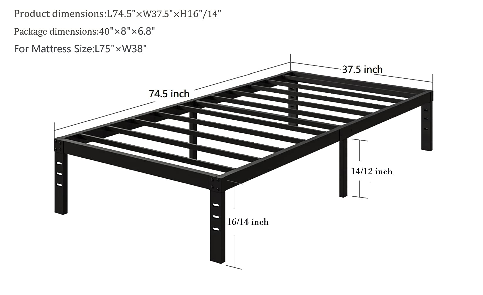 COMASACH 14 Inch Twin Bed Frame - Heavy Duty 3500 lbs Metal Platform Bed with No Box Spring Needed | Non-Slip Noise-Free Mattress Foundation in Black | Perfect for Kids Rooms, Guest Beds & Small Spaces