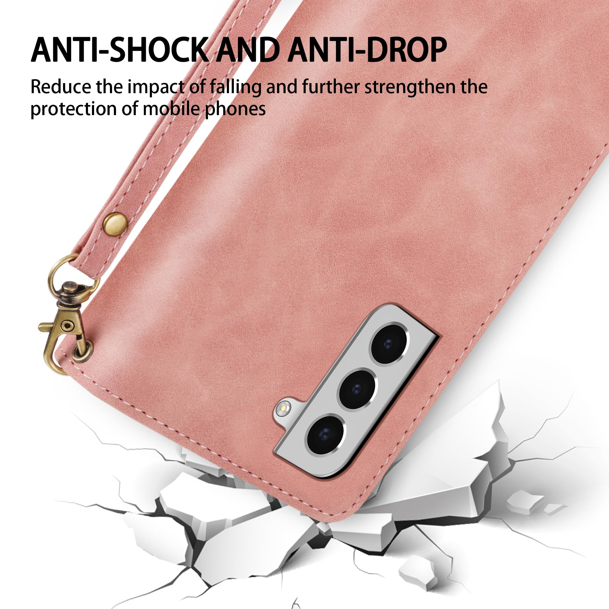 Premium Soft PU Leather Zipper Flip Wallet Case with Card Slot & Wrist Strap for Samsung Galaxy S22 Plus (6.6 Inch) - Protective Kickstand Folio Cover for Daily Use, Travel & Business (Pink)