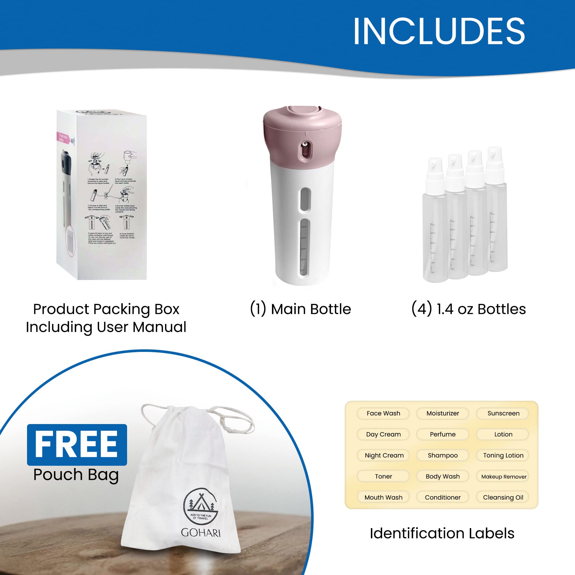 Gohari 4 in 1 Travel Bottle Set - Refillable Leak Proof TSA Approved Toiletry Containers for Shampoo, Lotion, Body Wash & Makeup - Includes Bonus Pouch & Labels (Pink) | Perfect for Air Travel, Gym, Camping & Vacation Essentials
