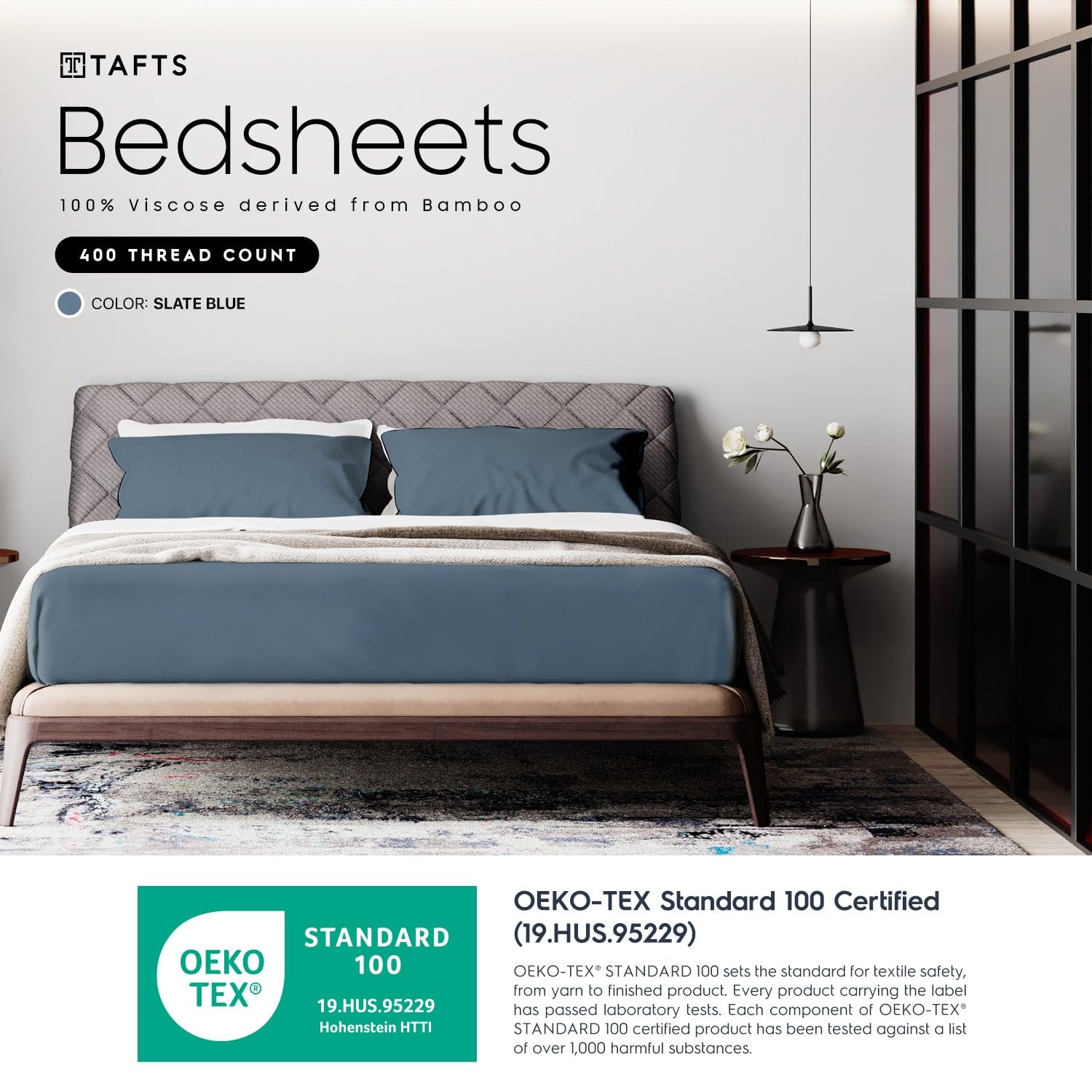 Tafts Queen Sheets Set - 100% Bamboo Viscose Bedding, Ultra Soft & Cooling, Double Stitched for Durability (Slate Blue) | Perfect for Hot Sleepers & Luxury Bedroom Decor