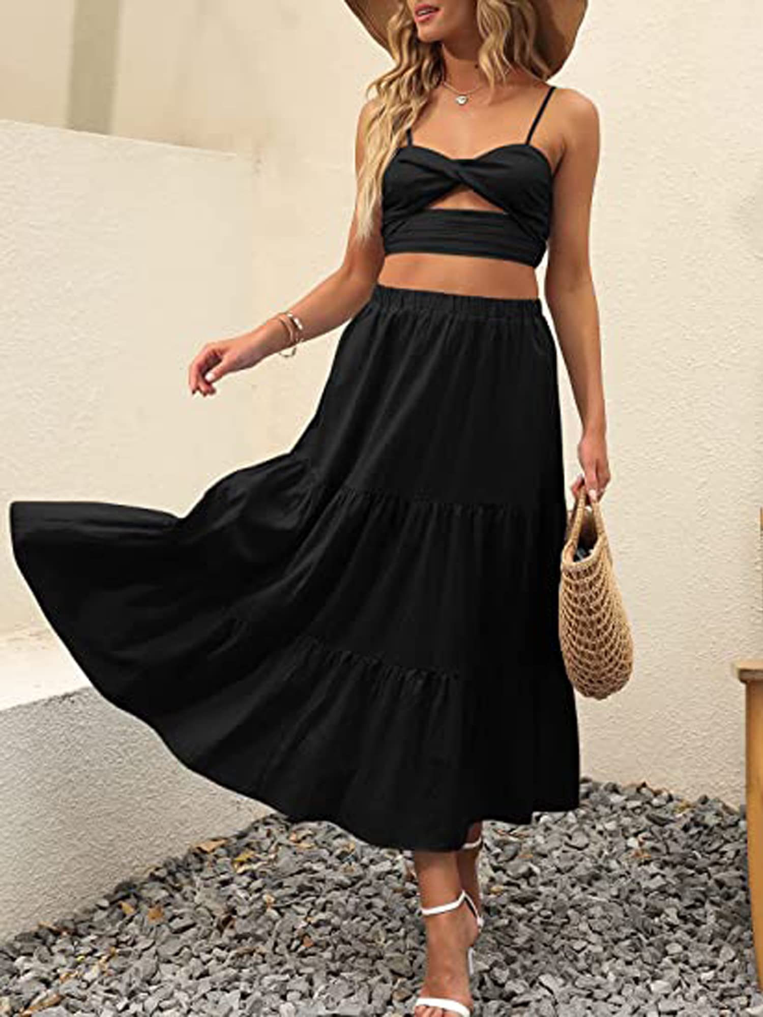 Boho Floral Maxi Dress for Women - Elastic High Waist, Pleated A-Line Swing Skirt with Pockets | Summer Beach Dress, Casual Outfit, Vacation Wear, Festival Fashion