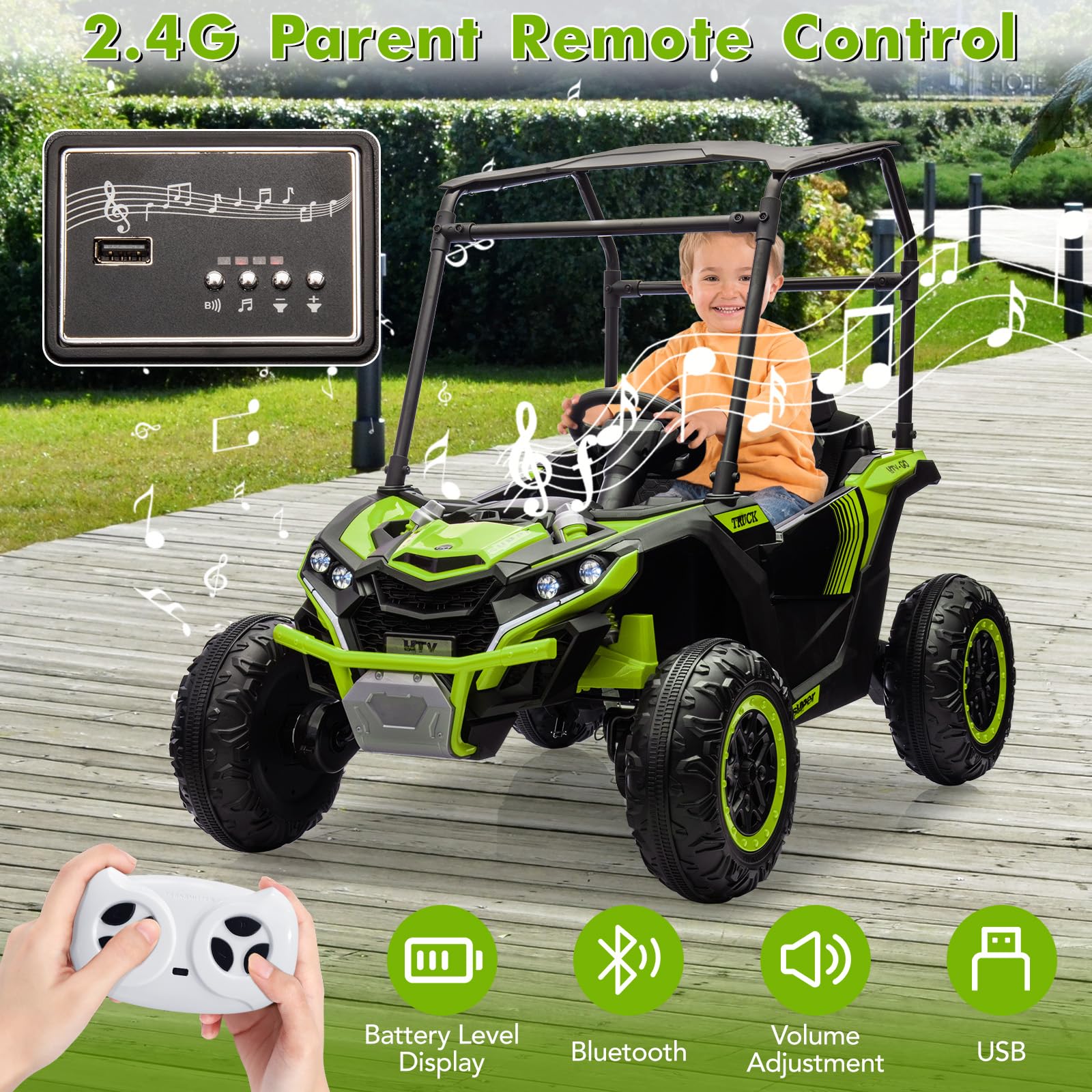 GARVEE 24V Kids Ride On UTV - 2 Seater Electric Toy Truck with Sun Shade, 4WD, Remote Control, LED Lights & Shock Absorbers | One-Click Start & Music Player | Perfect for Outdoor Play, Backyard Adventures & Birthday Gifts (Green)