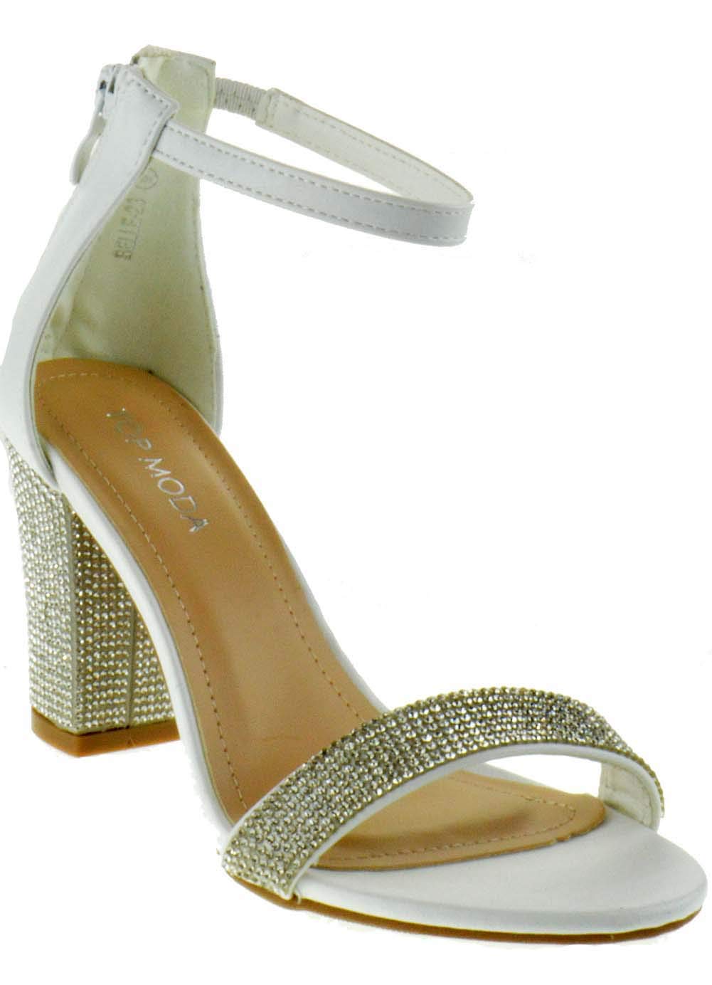 TOP Moda Belle 23 Women's Chunky Heel Rhinestone Band Platform Buckle Dress Sandals - White Size 8.5 | Perfect for Weddings, Parties & Evening Events
