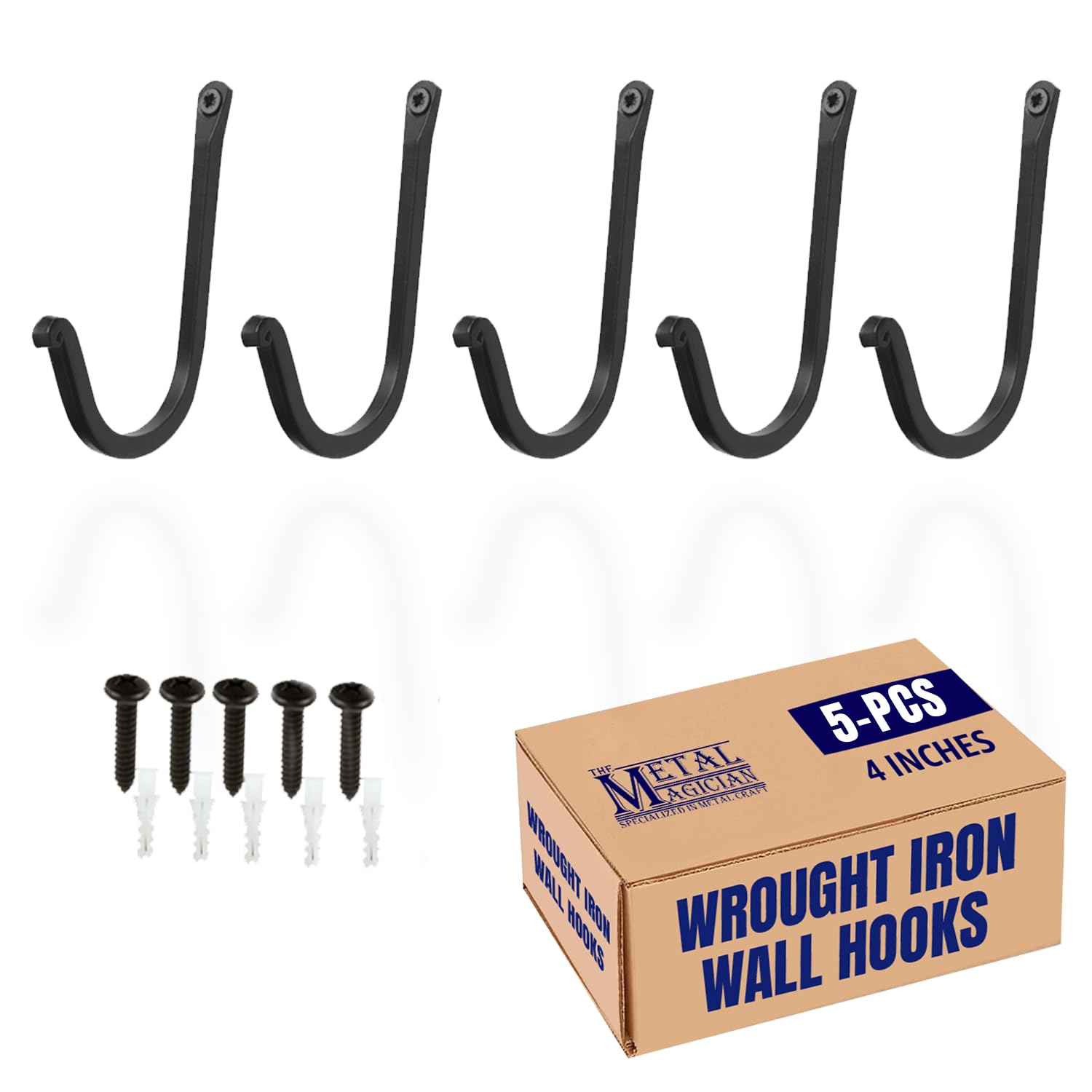 Vintage Hand Forged Iron Hooks Set of 5 - Rustic Curved Metal Fasteners for Wall Décor - Colonial Style Decorative Hooks for Hanging Coats, Hats, and Kitchen Utensils - Perfect for Farmhouse, Cabin, and Vintage Home Decor