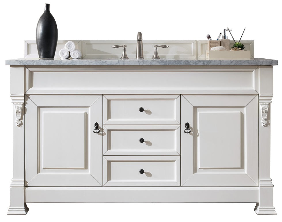 Brookfield 60 Inch Single Bathroom Vanity with Bright White Finish & 3CM Carrara Marble Top - Perfect for Modern Master Bathrooms & Guest Bathroom Remodels